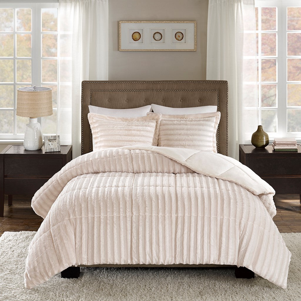 Faux Fur Comforter Mini Set King Champagne Polyester