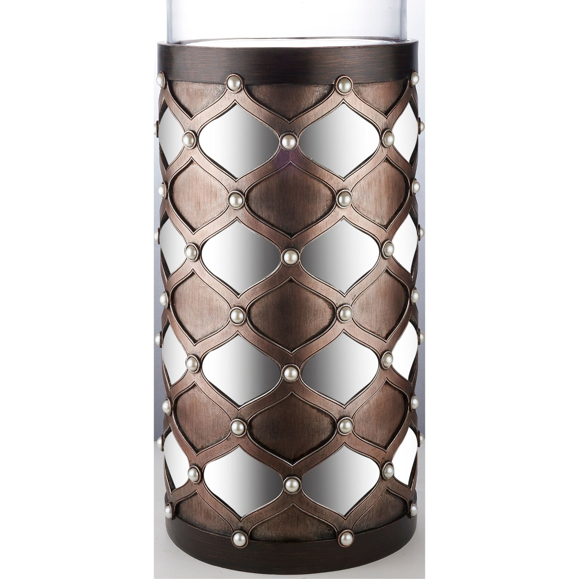 31" Tall Candleholder With Hurricane Glass, Arabesque Mirror Design Brown Polyresin