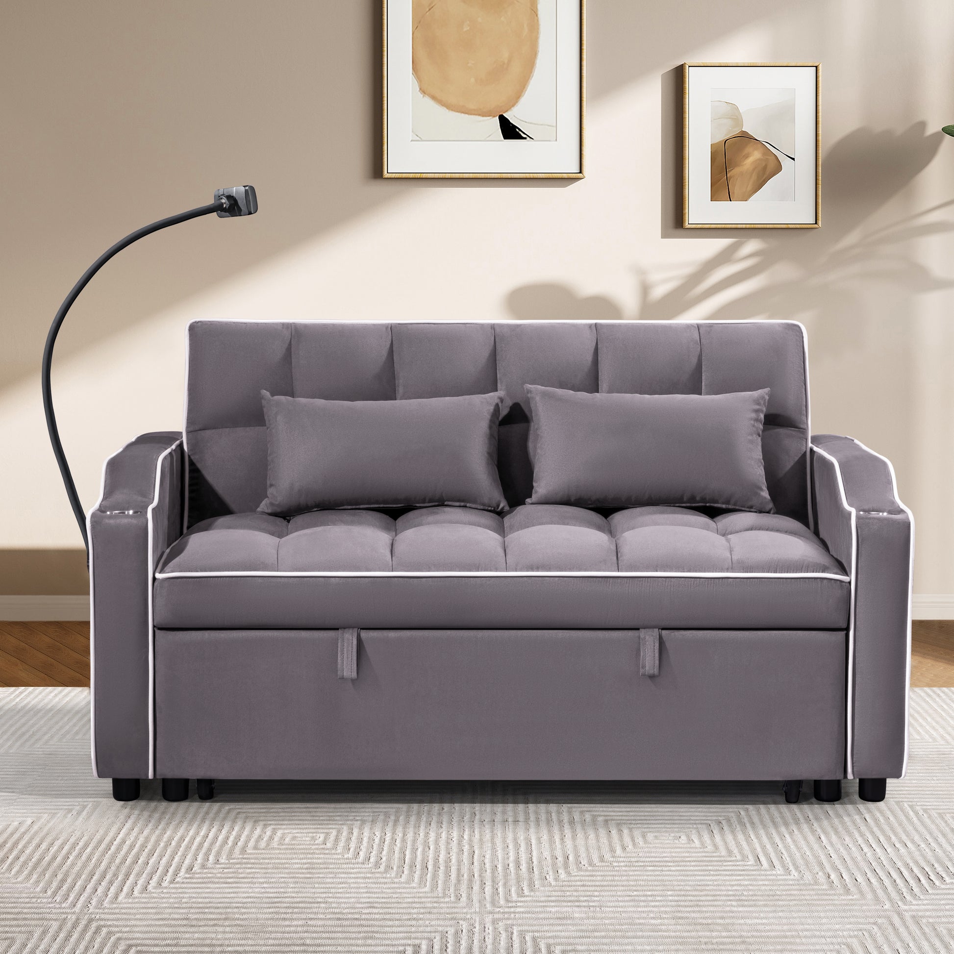 1 Multifunctional Foldable Sofa Bed In 3 Different Lengths, Modern Sofa, Upgraded Suede Fabric, Adjustable Backrest, With Usb Port, Ashtray, And Rotating Telephone Stand Gray Suede Plywood 2 Seat
