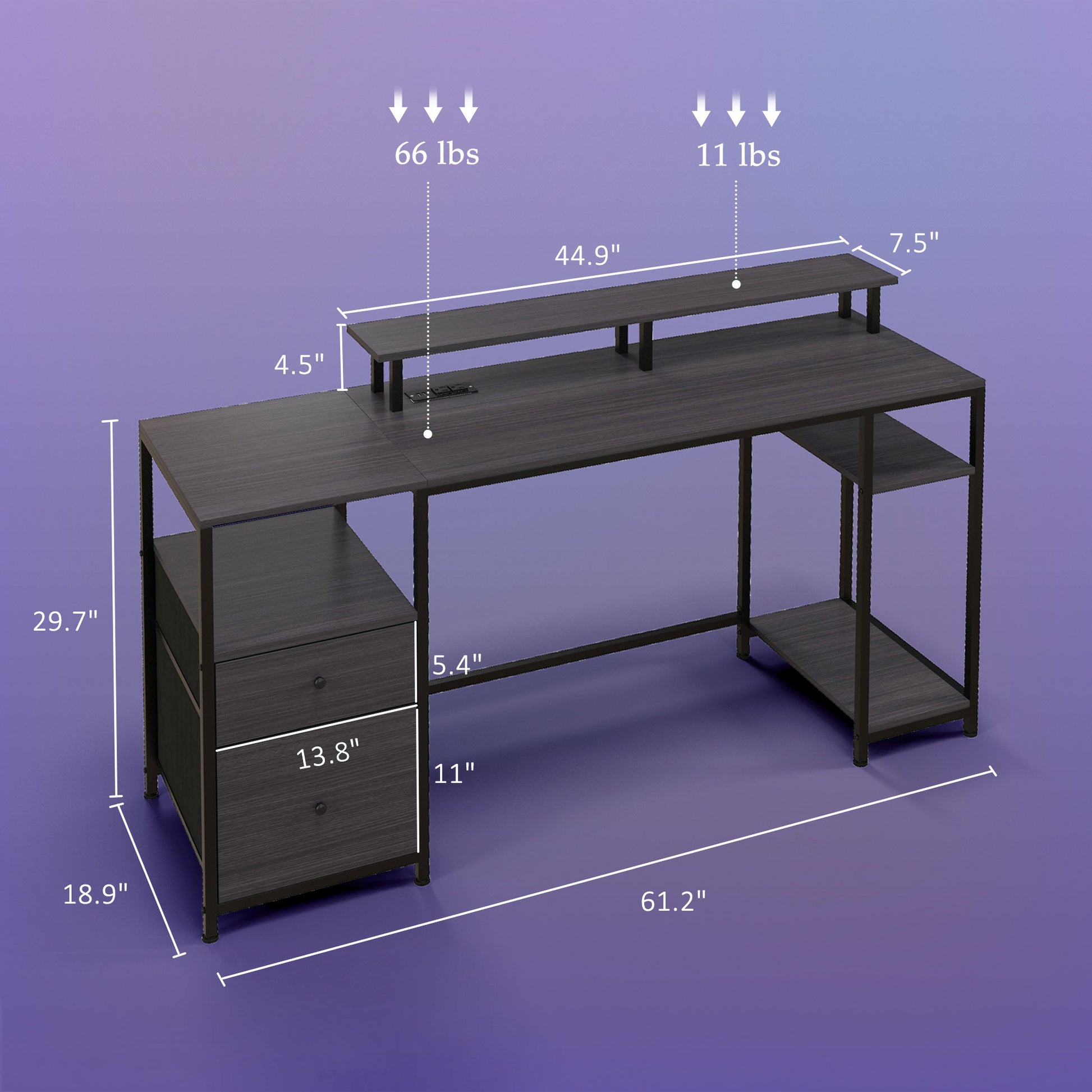 Homcom 61" Computer Desk With Led Lights, Power Outlets, And Usb Ports, Gaming Desk With Storage Shelves, Monitor Stand, Fabric Drawers & Remote For Home Office Study, Distressed Black Black Particle Board