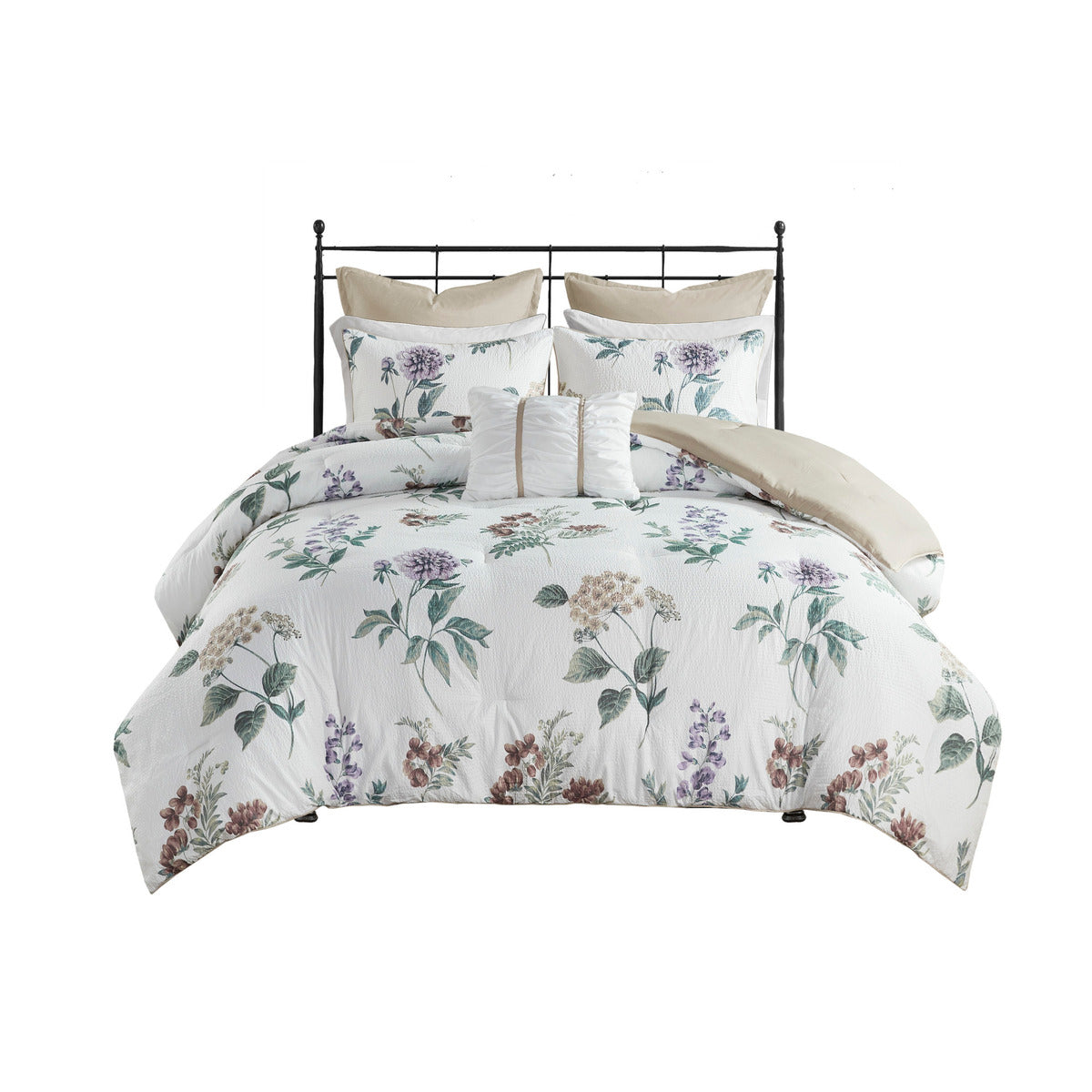 7 Piece Printed Seersucker Comforter Set With Throw Blanket Taupe Blush Full Queen Multicolor Polyester