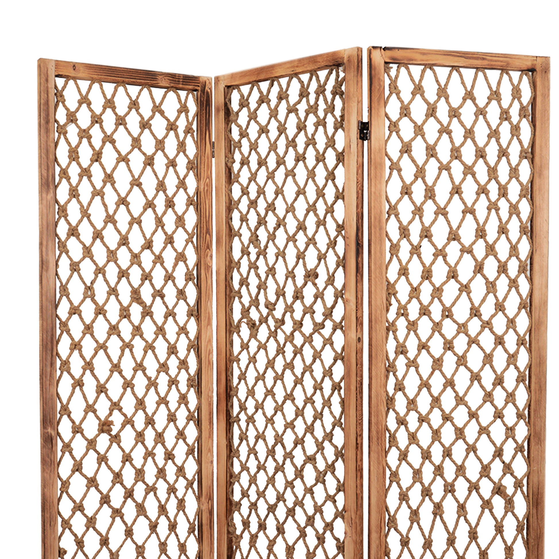 3 Panel Traditional Foldable Screen With Rope Knot Design, Brown Brown Wood Fabric