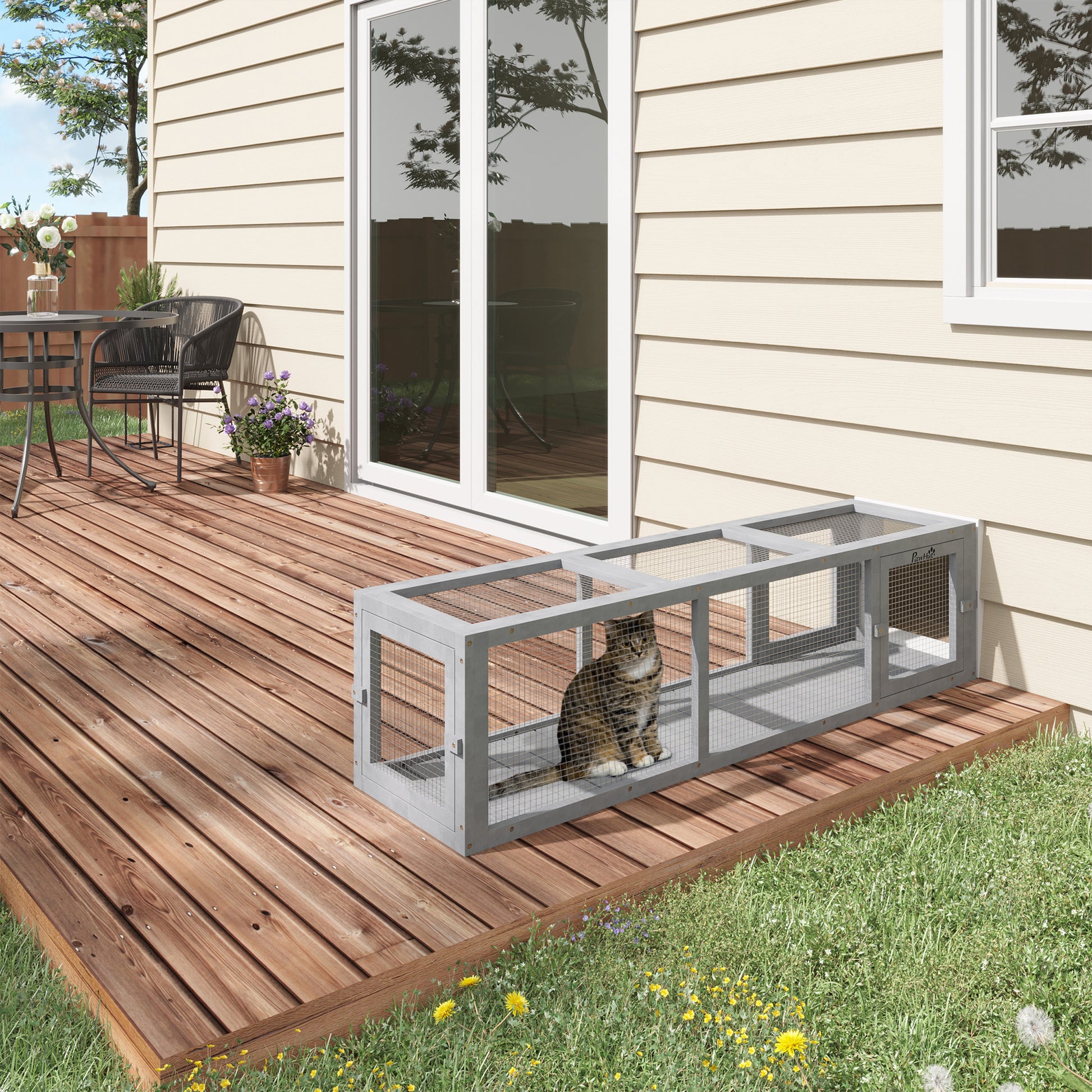 Pawhut Outdoor Cat Tunnel With Extendable Design, 59" L Wooden Cat Run With Weather Protection, Connecting Inside And Outside, For Deck Patios, Balconies, Light Gray Light Grey Wood