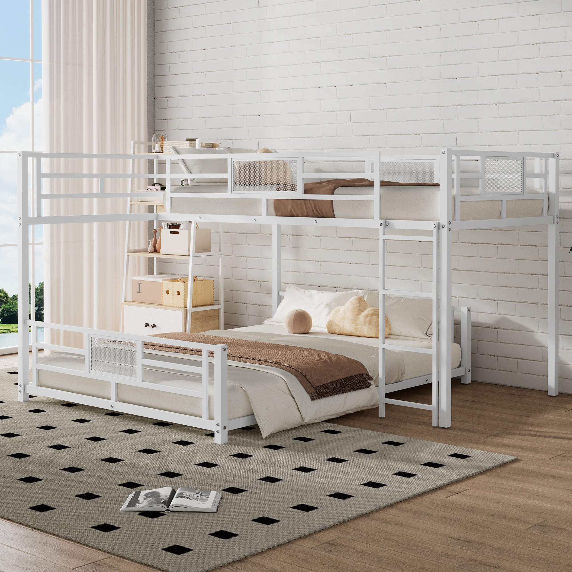 L Shaped Metal Twin Over Full Size Bunk Bed, White Box Spring Not Required White Metal Metal