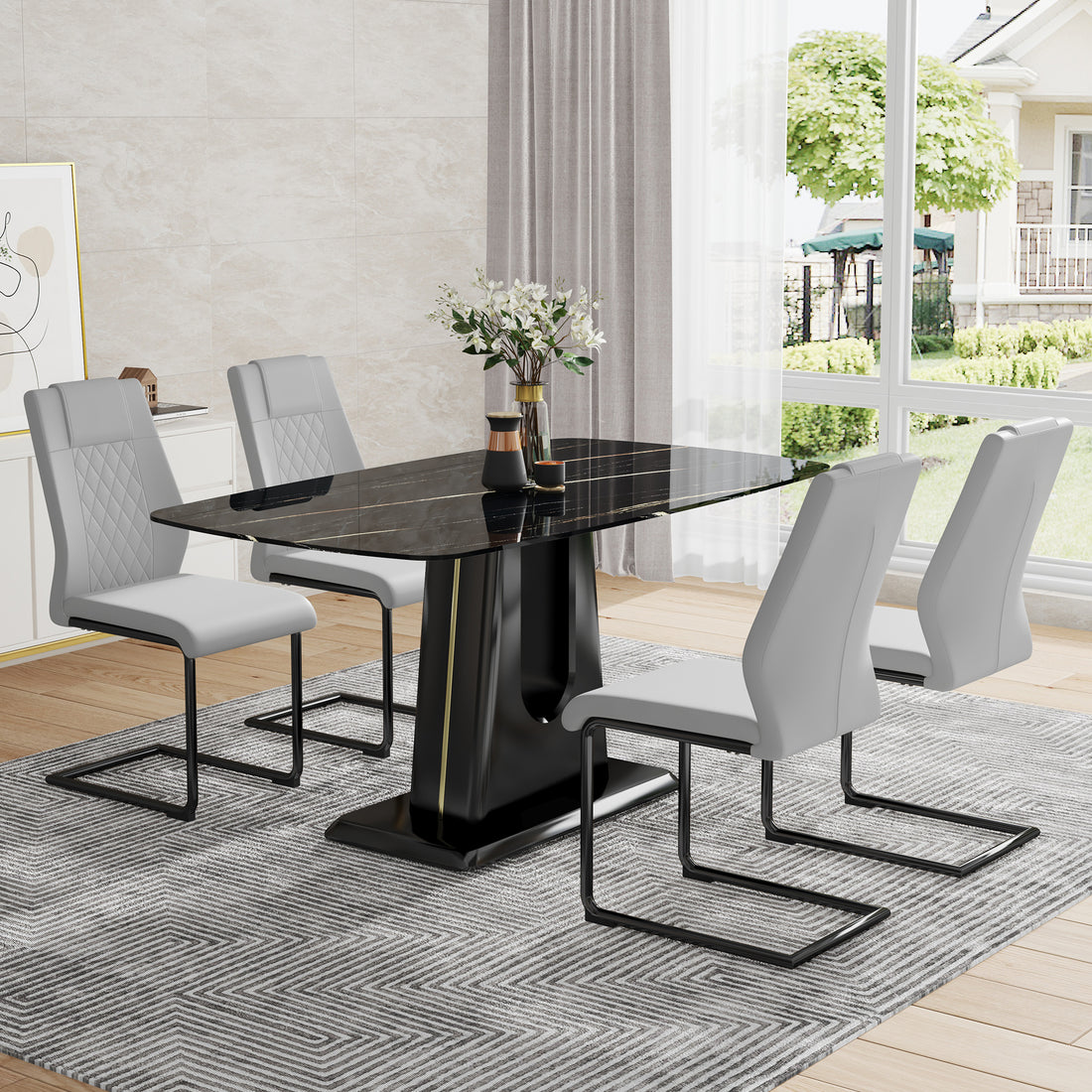 Table And Chair Set, Minimalist Dining Table, Imitation Marble Patterned Glass Tabletop, Mdf Legs With U Shaped Brackets. Paired With Comfortable Chairs, Suitable For Dining And Living Rooms. Black Mdf Glass