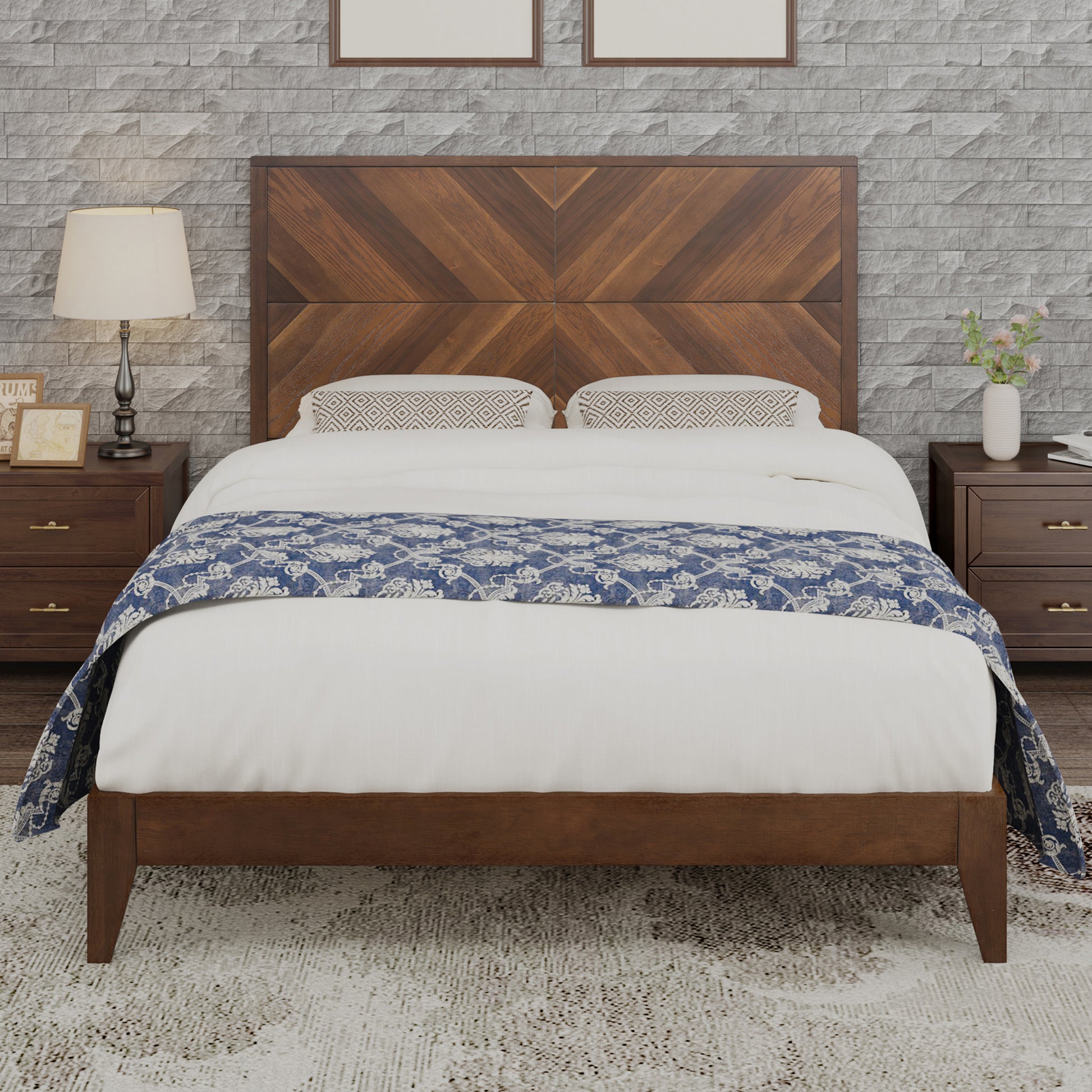 Mid Century Modern Platform Bed Wood Slat Support With No Box Spring Needed,King Walnut Box Spring Not Required King Walnut Wood Bedroom Mid Century Modern Bed Frame Wood