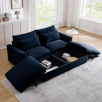 Corduroy Two Seater Sofa With 2 Storage Footrest, 2 Seater Sectional Deep Seat Sofa,Comfy Couches For Living Room ,Bule Sofa Blue Corduroy 2 Seat