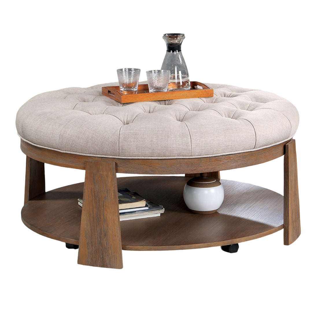 Wire Brushed Finish Natural Tone Beige 1Pc Ottoman Transitional Style Deep Button Linen Like Tufted Seat Open Bottom Shelf Living Room Beige Natural Linen Primary Living Space Beige Contemporary,Rustic,Transitional Rubberwood Round Tufted Solid Wood