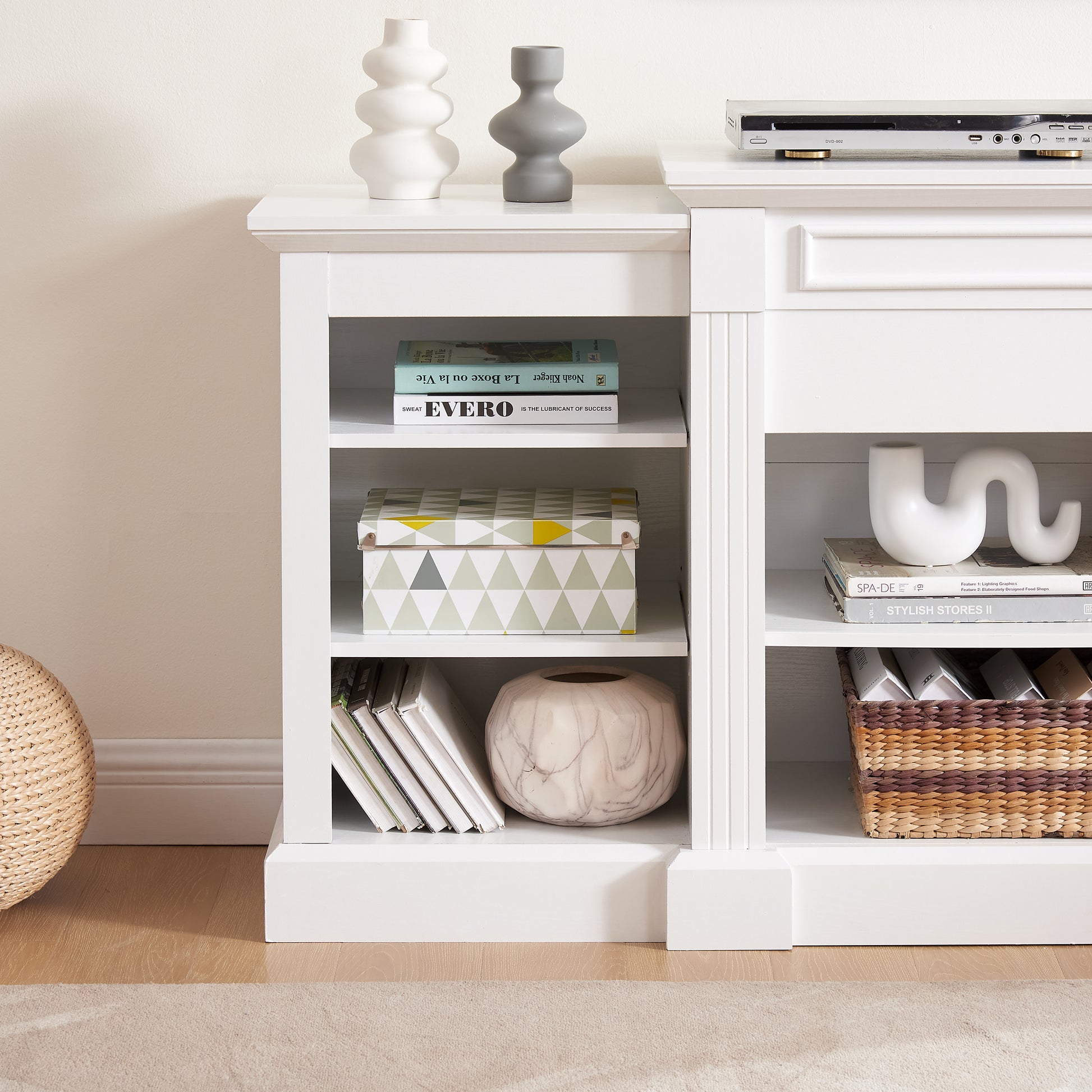 Media Console Table With Large Storage Cabinet, Modern Tv Media Entertaionment Stand, White, 65.75"W*17"D*32.48"H White 39 Inches Or Less Mdf