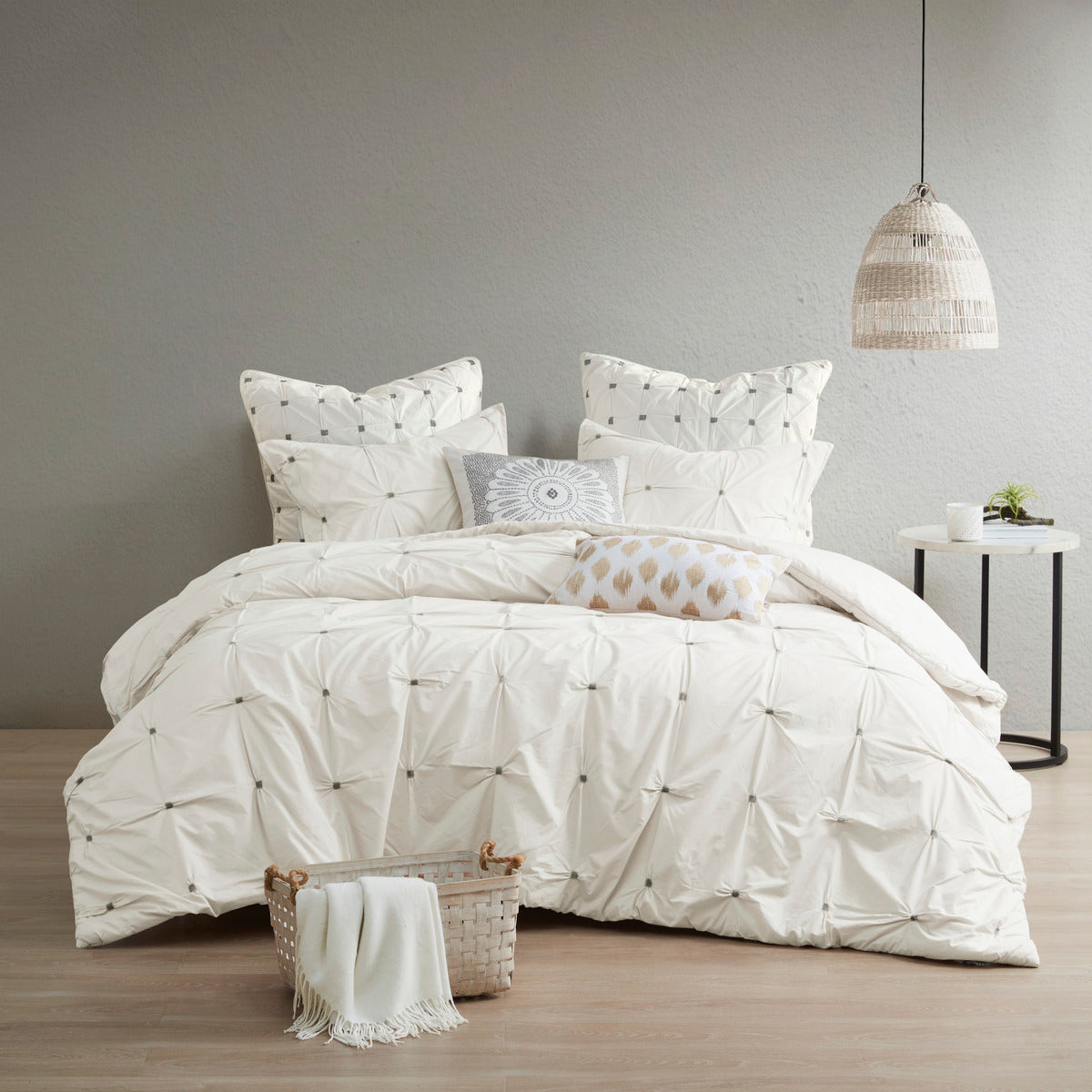 3 Piece Elastic Embroidered Cotton Duvet Cover Set King White Cotton