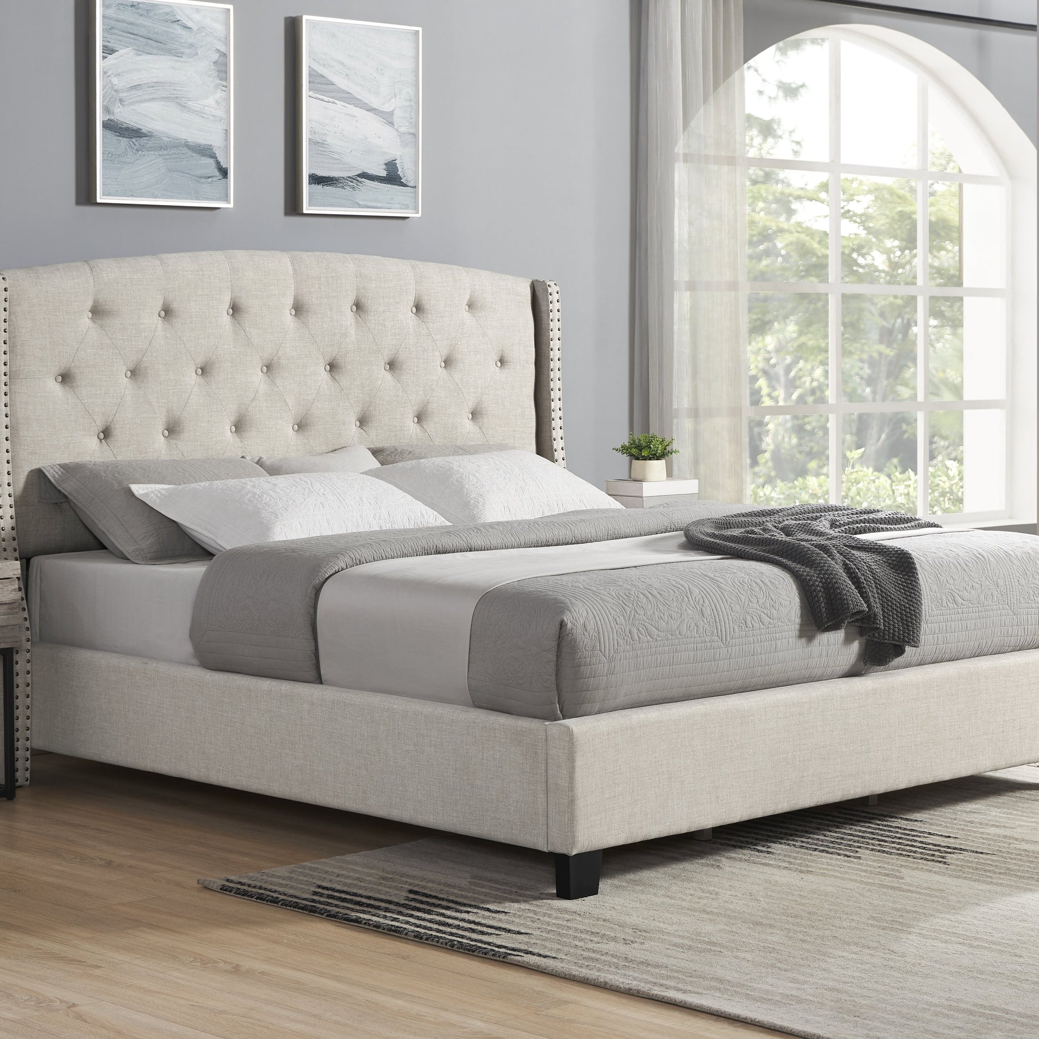 Nantarre Fabric Button Tufted Wingback Upholstered Bed With Nail Head Trim, Beige Box Spring Required Queen Beige Wood Bedroom Contemporary Bed Frame Wood Polyester Engineered Wood