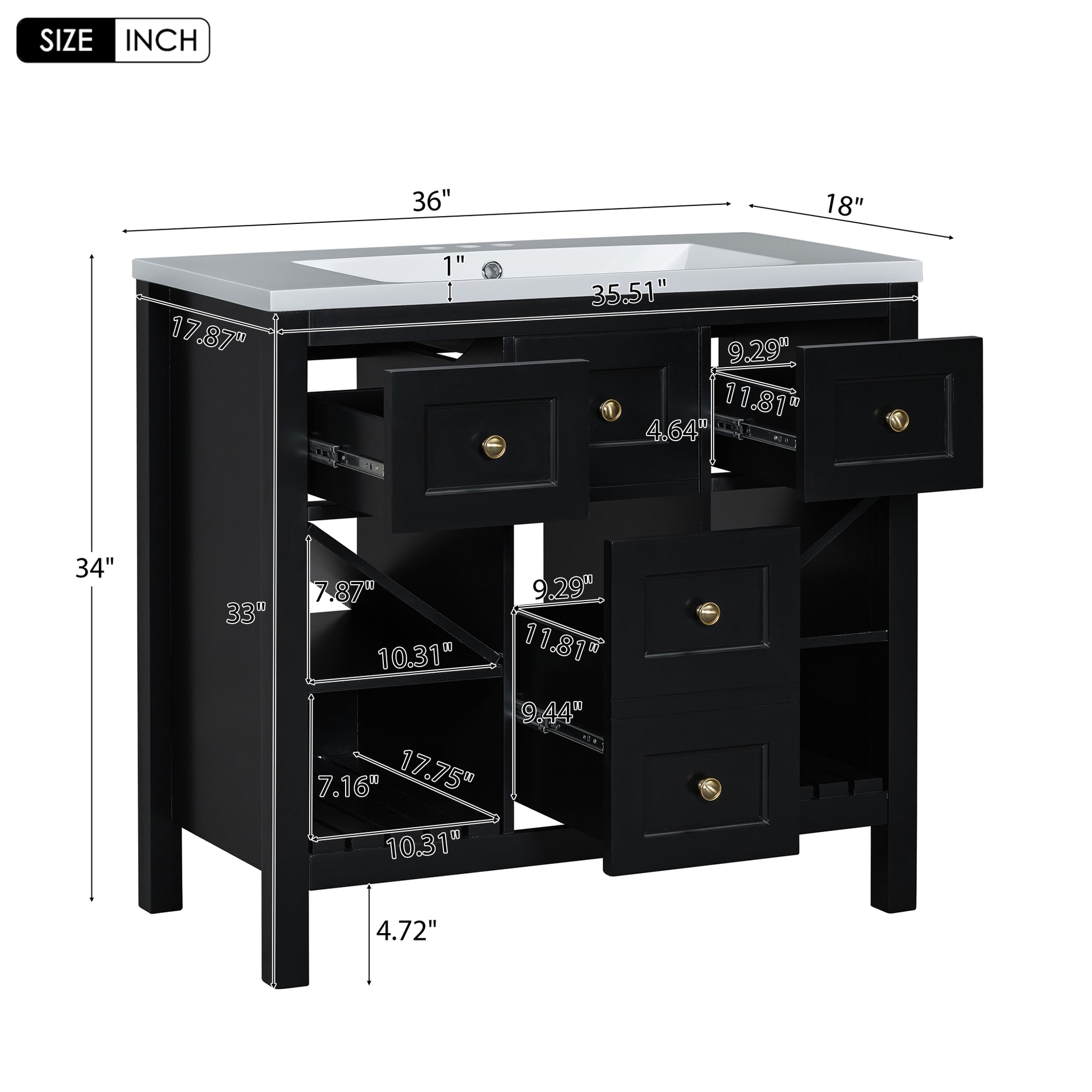 36'' Bathroom Vanity With Resin Sink Combo, Solid Wood Frame Bathroom Storage Cabinet, Freestanding Vanity Set With 5 Drawers& Soft Closing Doors Same As Sw000141Aab Black Bathroom Solid Wood Mdf Resin