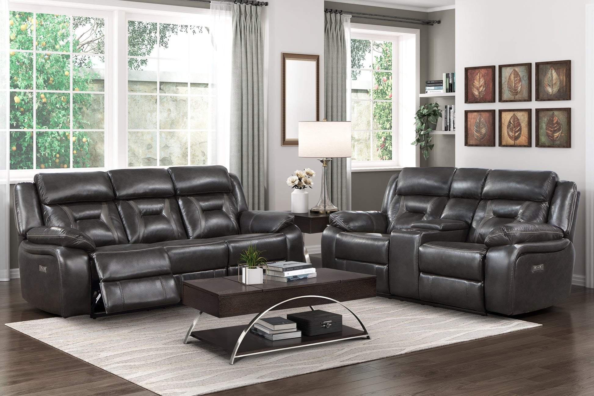 2Pc Power Reclining Sofa Set Modern Design Living Room Furniture Sofa And Loveseat With Center Console Dark Grayfaux Leather Upholstery Usb Ports Contemporary Home Dark Gray,Light Gray Faux Leather Wood Primary Living Space Contemporary,Modern,Ultra