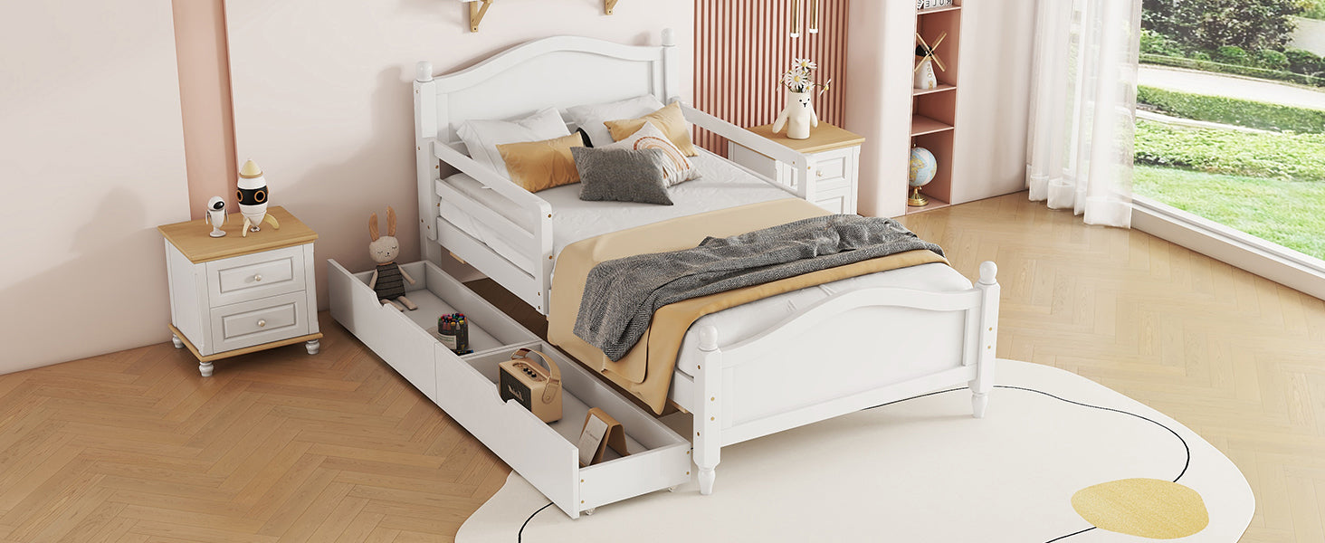 Twin Size Wood Platform Bed With Guardrails On Both Sides And Two Storage Drawers ,White Twin White Wood