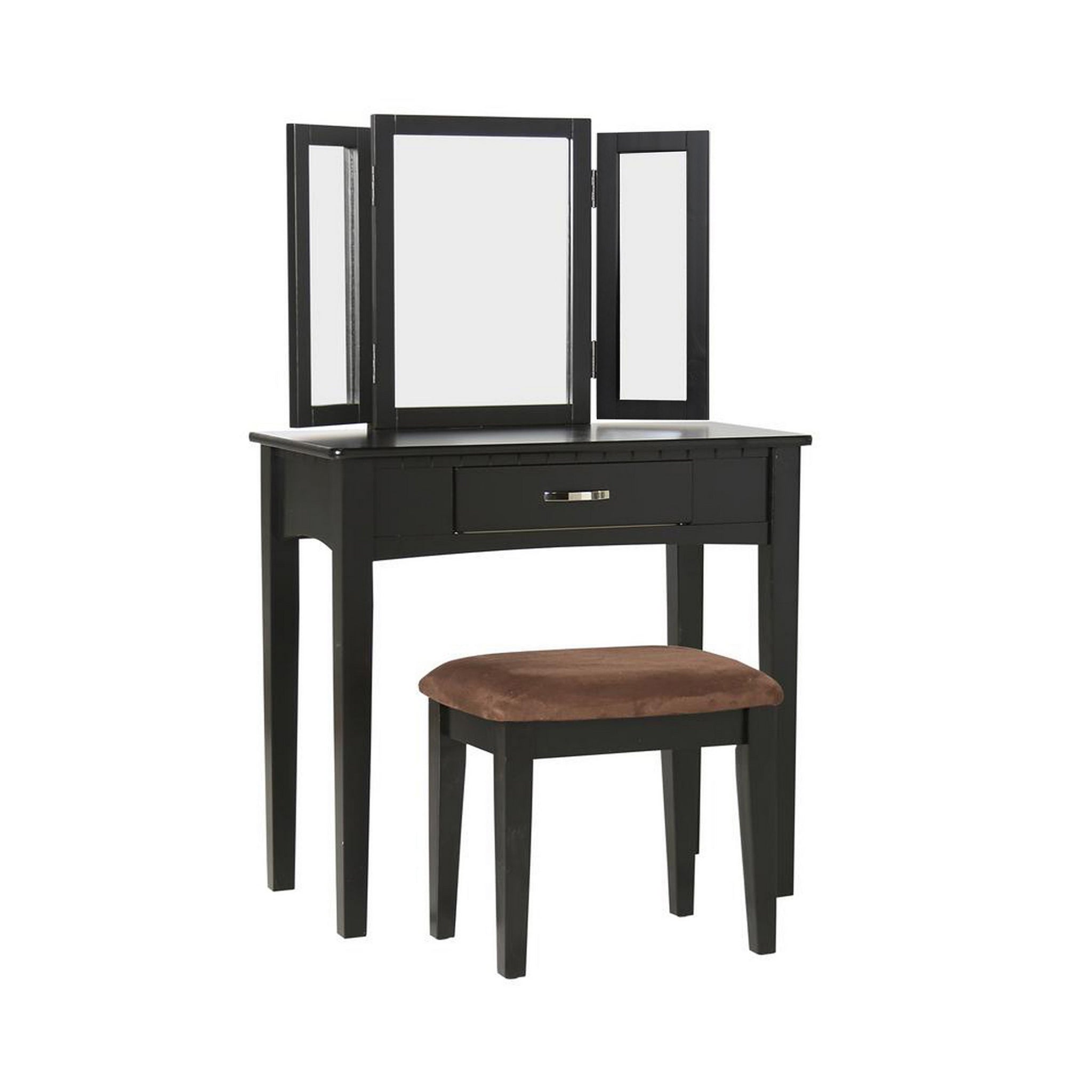 Wooden Vanity Set With 3 Sided Mirror And Padded Stool, Black Black Solid Wood