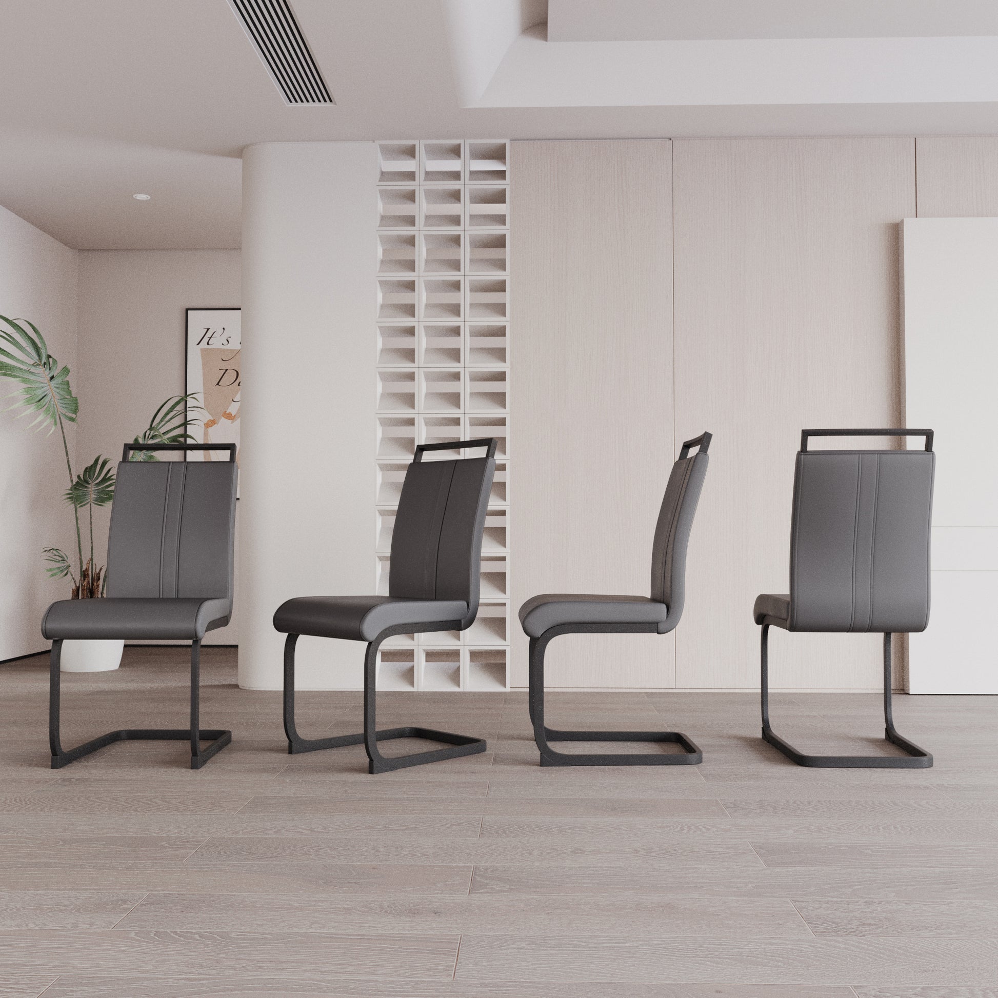 Modern Dining Chairs,Pu Faux Leather High Back Upholstered Side Chair With C Shaped Tube. Black Metal Legs For Dining Room Kitchen Vanity Patio Club Guest Office Chair Set Of 4 Grey Pu Grey Foam Pu