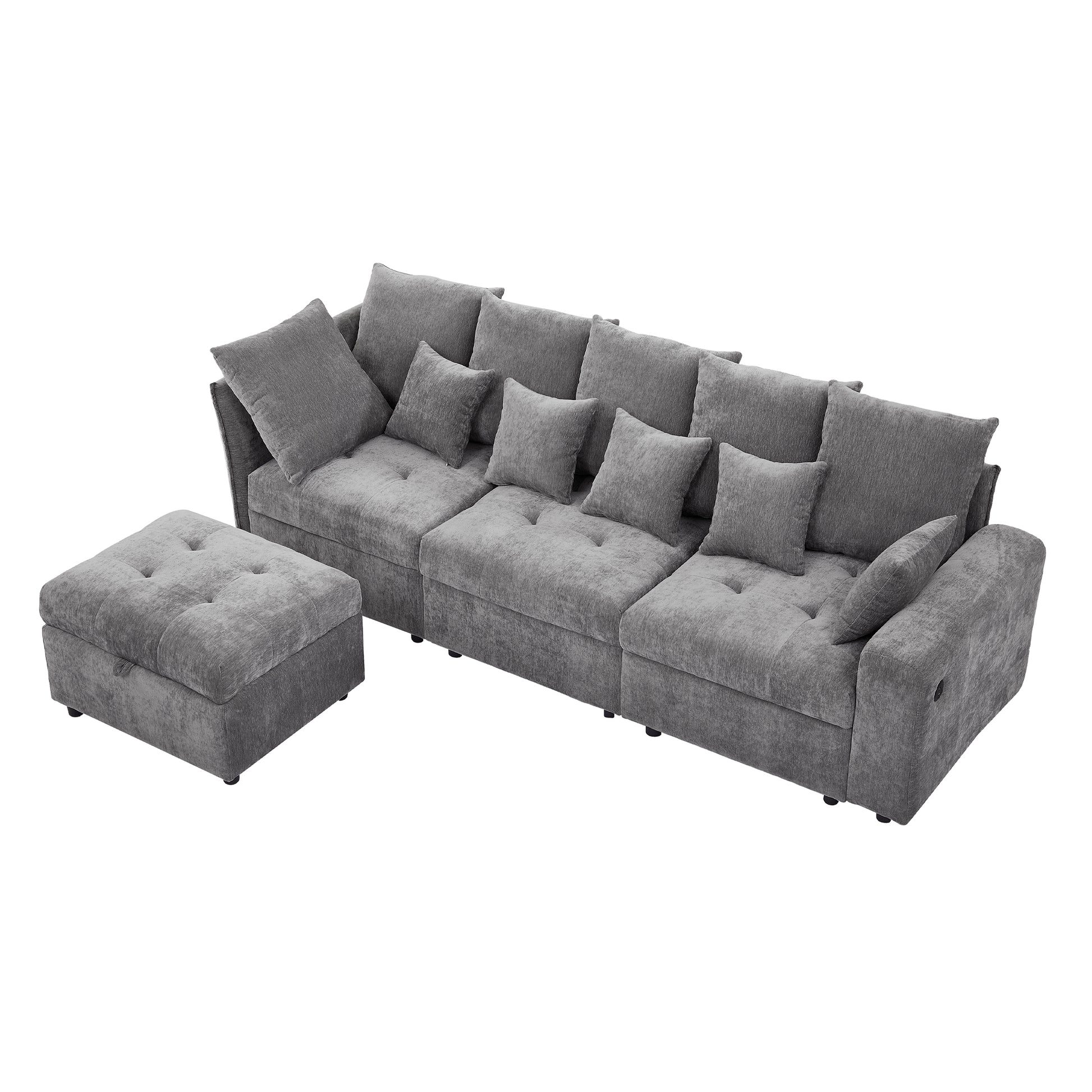 96.45"Sectional Sofa Modular Sofa Couch With Three Usb Ports, A Removable Storage Ottoman And Five Back Pillows For Living Room, Grey Grey Foam Chenille 4 Seat