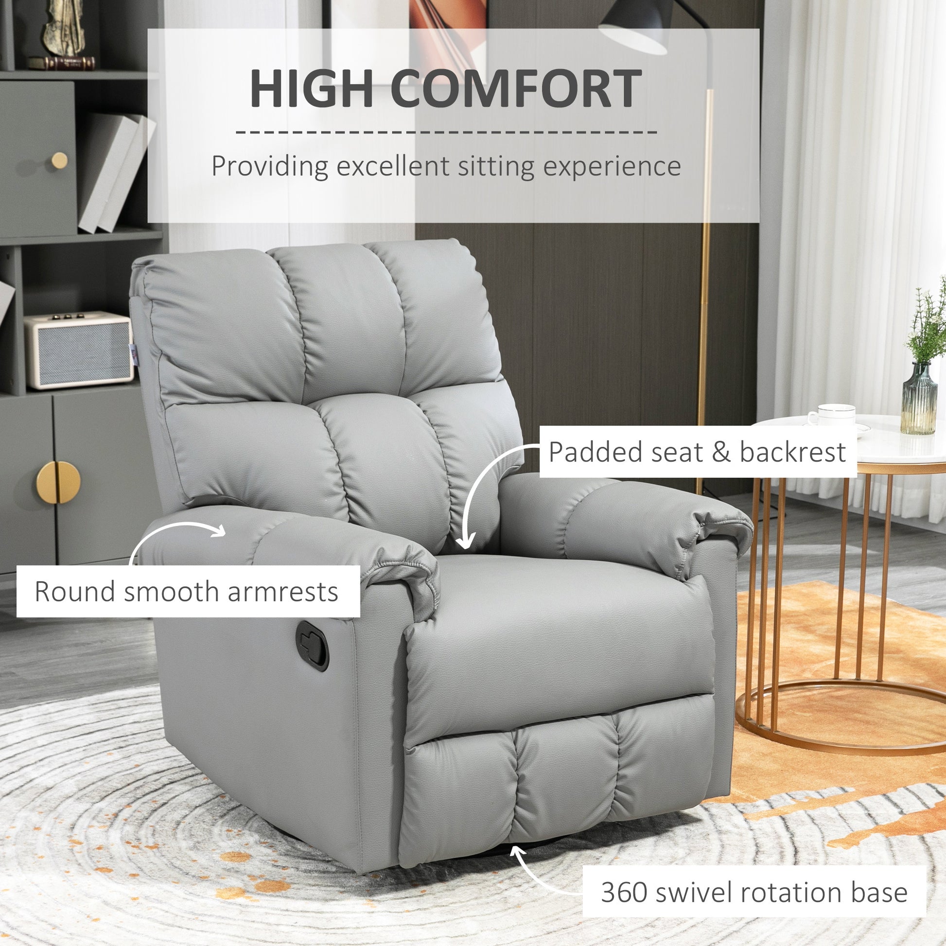 Homcom Rocker Recliner Chair With Overstuffed Back And Seat, Faux Leather Manual Reclining Chair With Footrest And 360 Swivel Rotation Base For Living Room, Gray Gray Polyester