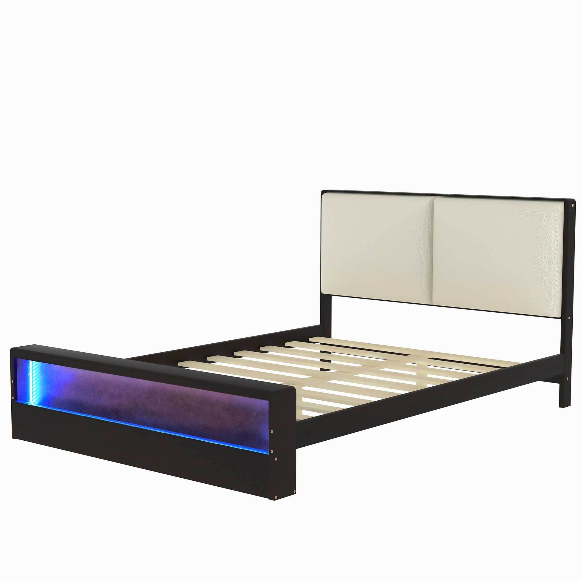 Queen Size Platform Bed Frame With Upholstery Headboard And Bookshelf In Footboard And Led Light Strips, Espresso Queen Espresso Solid Wood Mdf