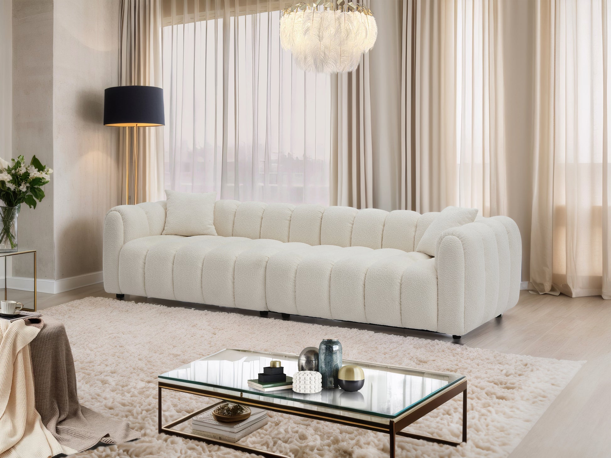 110.23 Inch Oversized Modern Design Sofa,Upholstery Tufted Cloud 41.33''Oversized Deep Seat Sofa,Teddy Fabric Boucle 4 Seats Couch With Solid Wood For Living Room, Office, Bedroom,Apartment Beige Wood Fabric 4 Seat