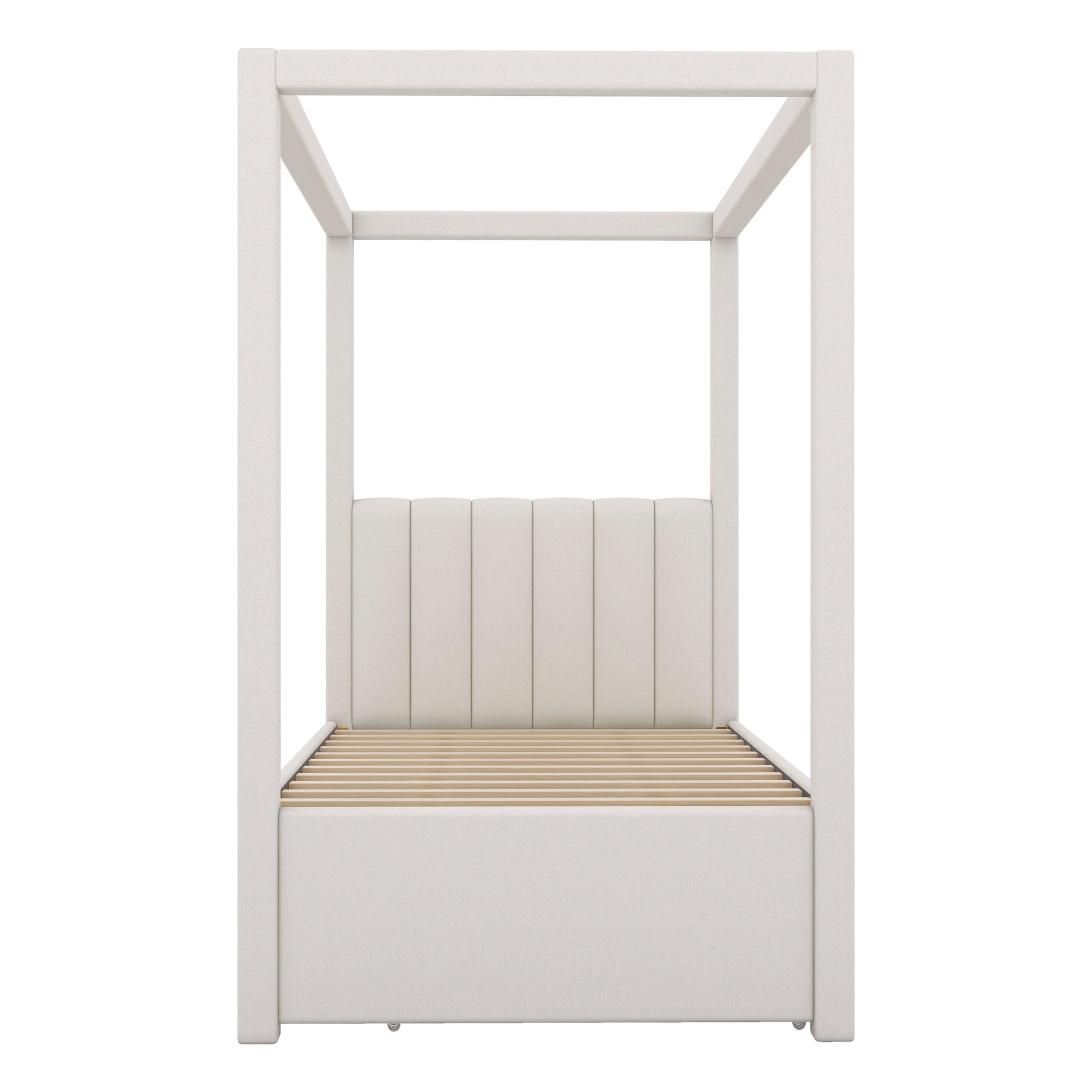 Twin Size Upholstery Canopy Platform Bed With Trundle And Three Storage Drawers, Beige Twin Beige Upholstered