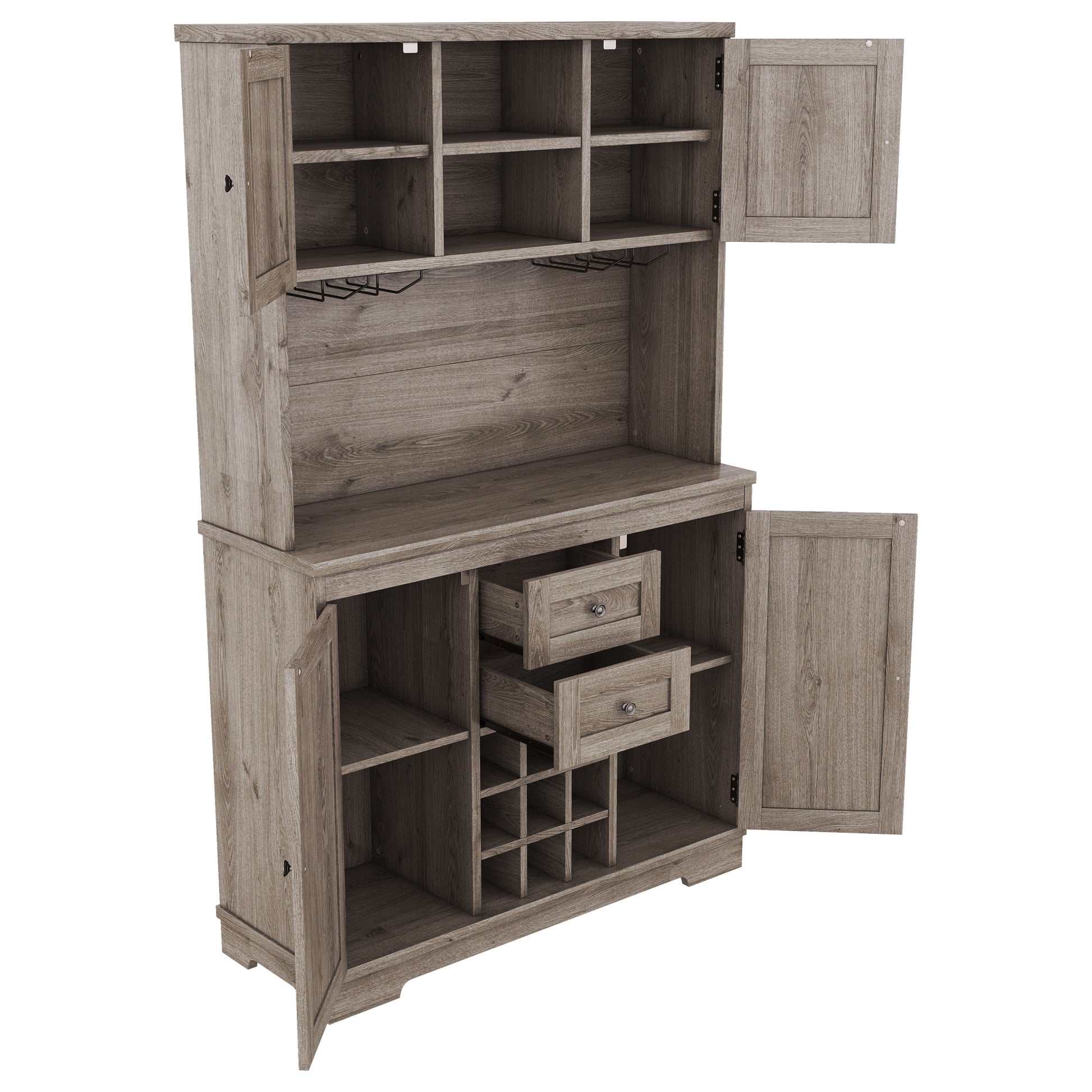 Coffee Bar Cabinet Kitchen Cabinet With Storage, Farmhouse Wine Cabinet With Drawers Shelves And Cabinets, Buffet Cabinet Wine & Glass Racks For Dining Room, Kitchen, Oak Brown Oak Particle Board Mdf