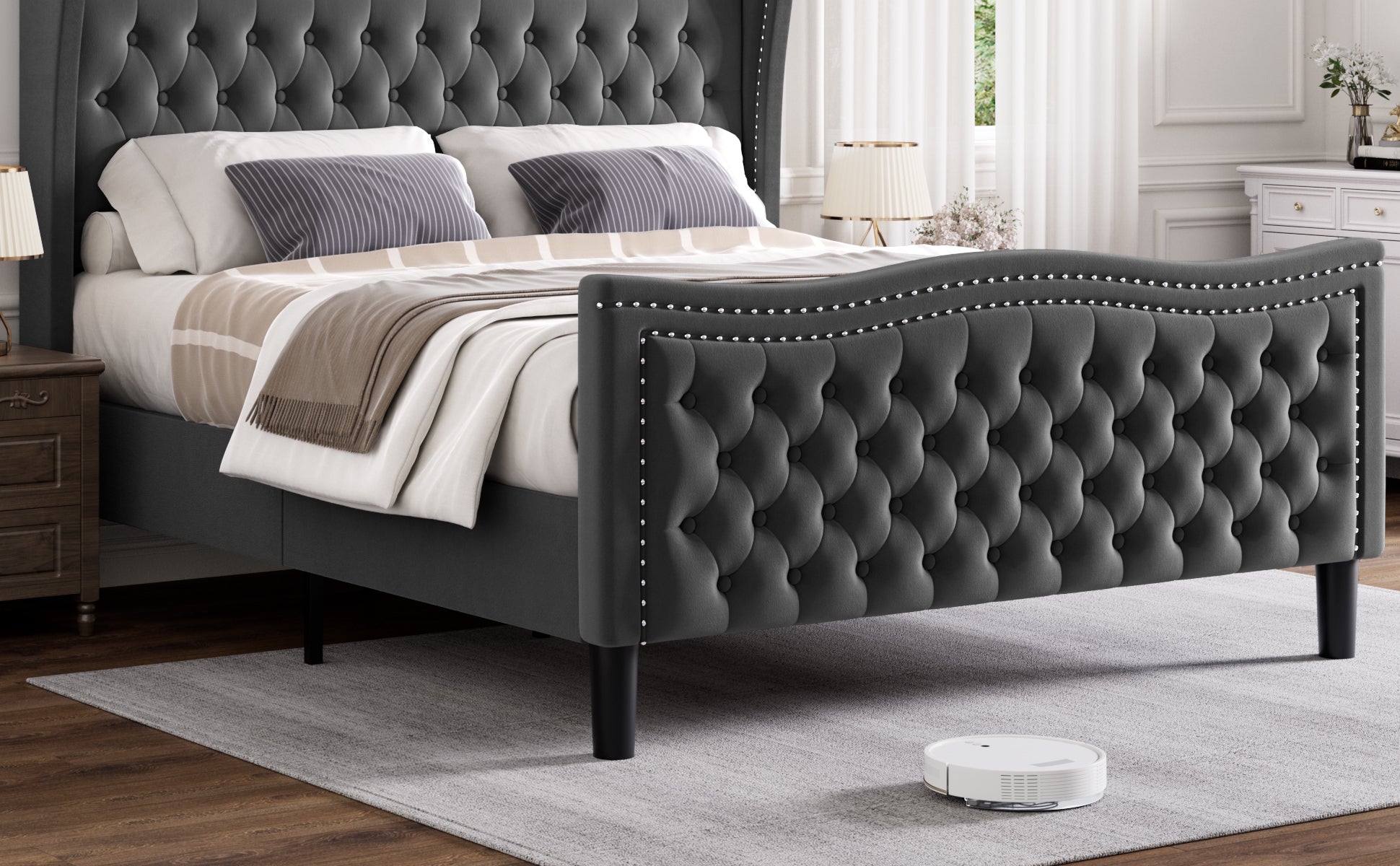 Lift Up Velvet Gray King Size Bed Box Spring Not Required King Gray Wood Light Brown Bedroom American Design Poplar Slat Beds Foam Velvet Upholstered