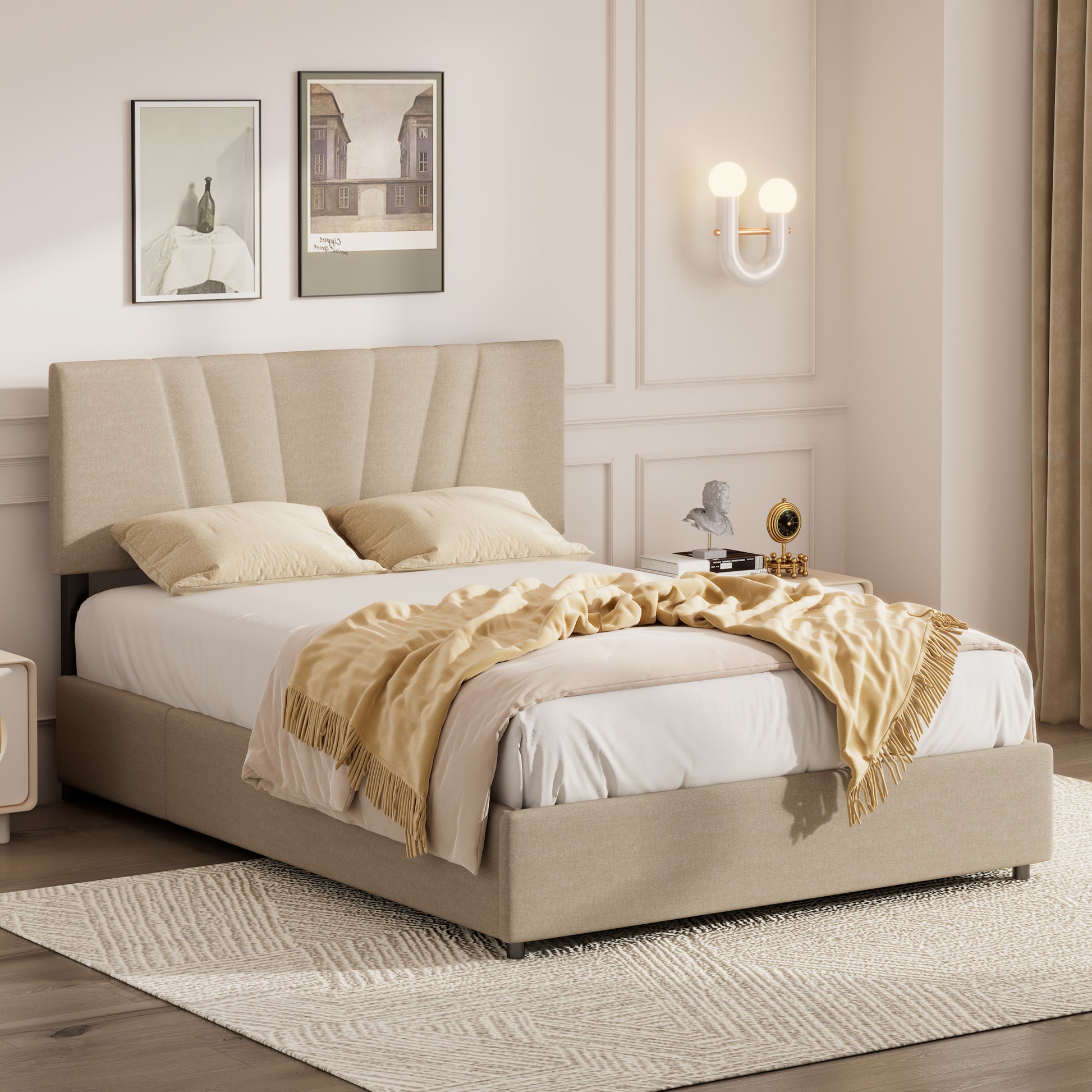 Full Upholstered Platform Bed With Lifting Storage, Full Size Bed Frame With Storage And Tufted Headboard,Wooden Full Platform Bed For Kids Teens Adults,No Box Spring Needed,Light Beige Box Spring Not Required Full Light Beige Wood Bedroom American
