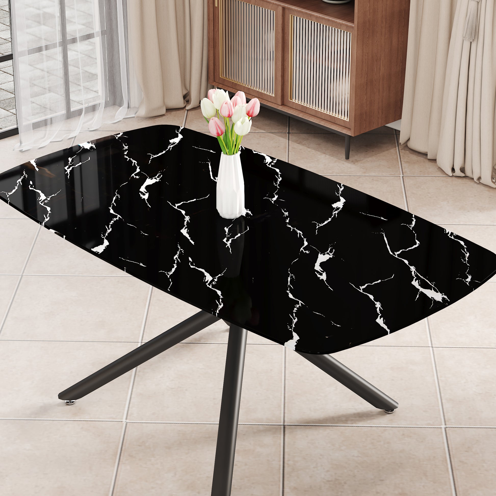 1 Table And 6 Chairs Set.A Rectangular Dining Table With A Imitation Marble Black Table Top And Black Metal Legs.Paired With 6 Chairs With Pu Leather Seat Cushion And Black Metal Legs.F 1537,C 007 Black Glass Metal