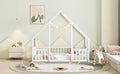 Twin Wood House Shaped Floor Bed With Fence, Guardrails ,White Twin White American Design Pine