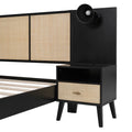 Queen Size Solid Wood Bed Frame With 2 Nightstands, Elegant Design With Lamps, Rattan And Wood Combination,Black Queen Black Wood