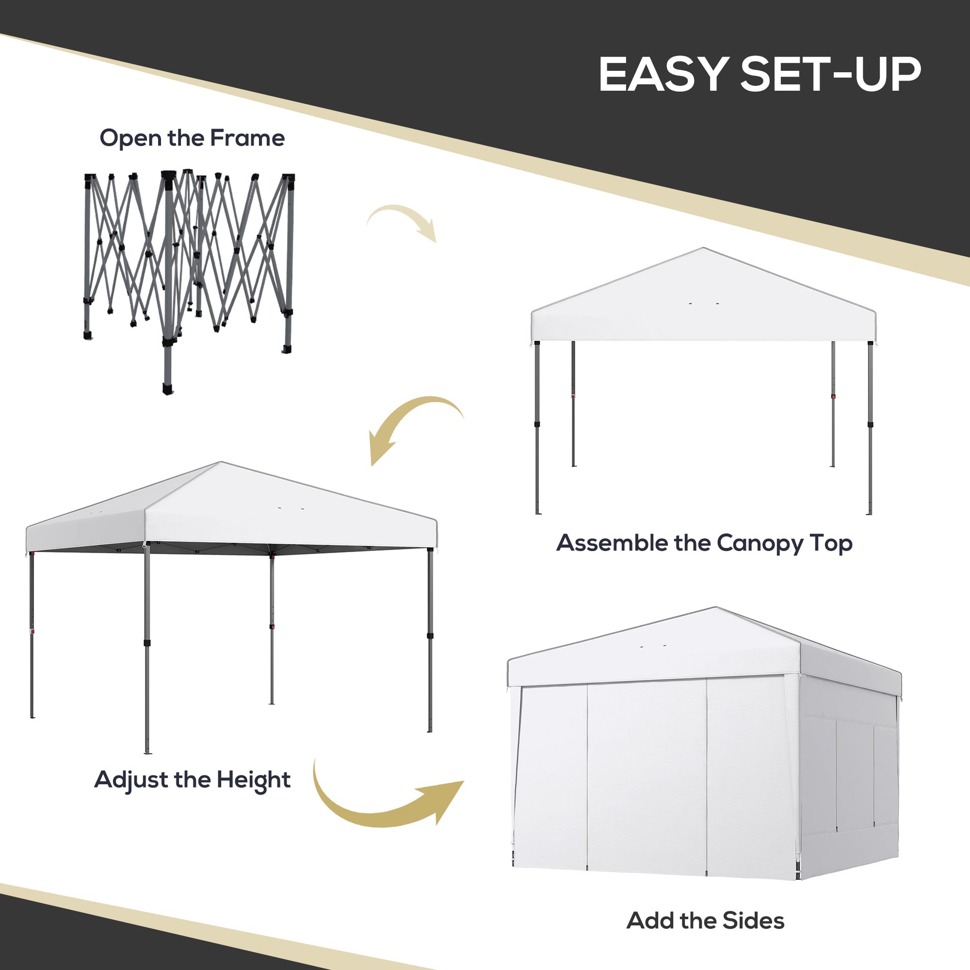 Outsunny 9.7' X 9.7' Pop Up Canopy With Sidewalls, Portable Canopy Tent With 2 Mesh Windows, Reflective Strips, Carry Bag For Events, Outdoor Party, Vendor Canopy, White White Steel