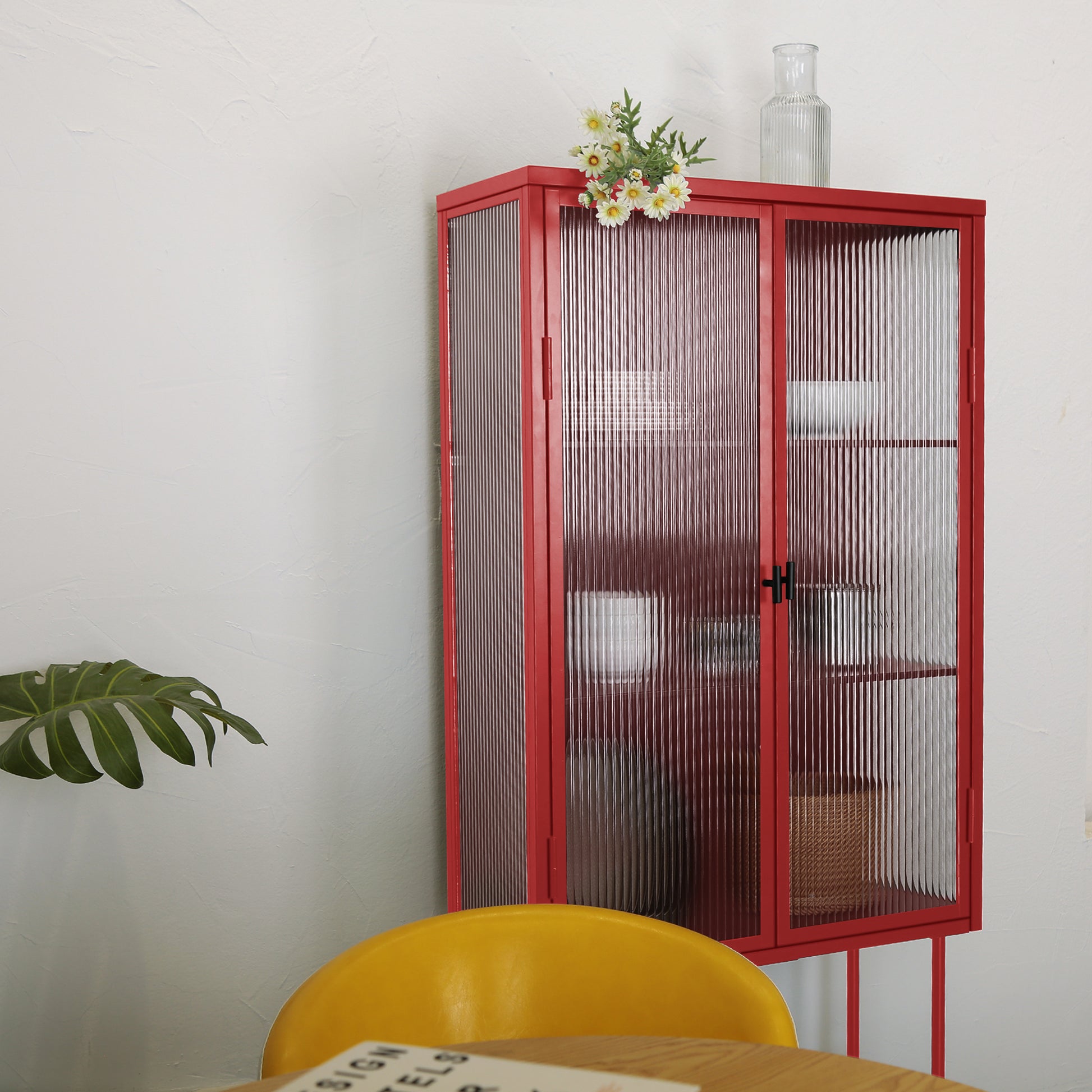 Retro Style Red Tall Freestanding Display Cupboard Stylish Fluted Glass Storage Cabinet With Glass Doors Three Detachable Shelves Bottom Space For Office Dining Room Living Room Old Sku:W68751710 Red Steel