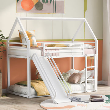 Twin Over Twin House Bunk Bed With Ladder And Slide,White Twin White Metal