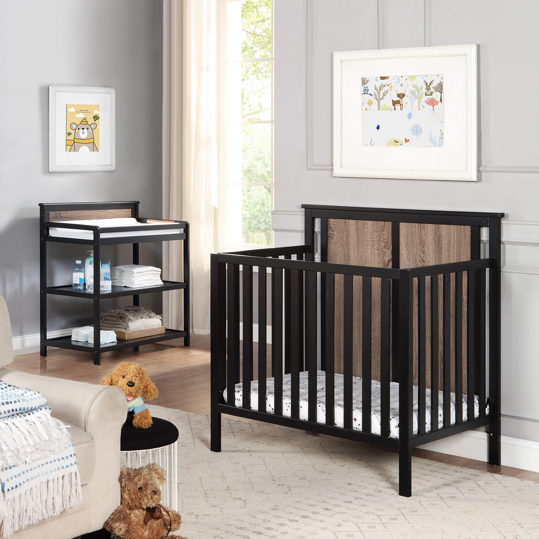 Connelly Mini Crib With Mattress Pad Black Vintage Walnut Black Brown Wood