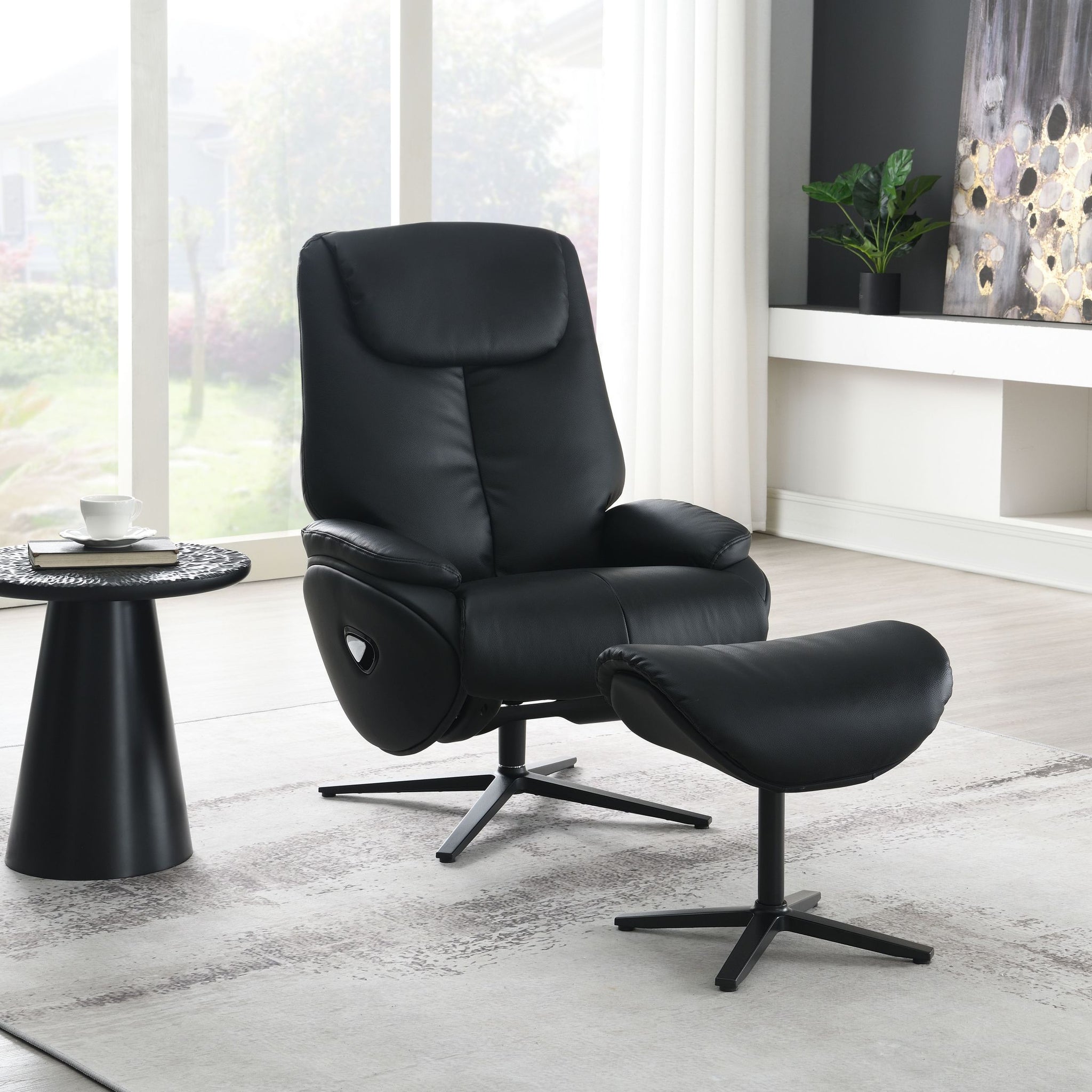 Black Motion Swivel Accent Chair With Ottoman Black Genuine Leather Manual Push Button Metal Primary Living Space Tight Back Modern Push Button Pillow Top Arms Genuine Leather