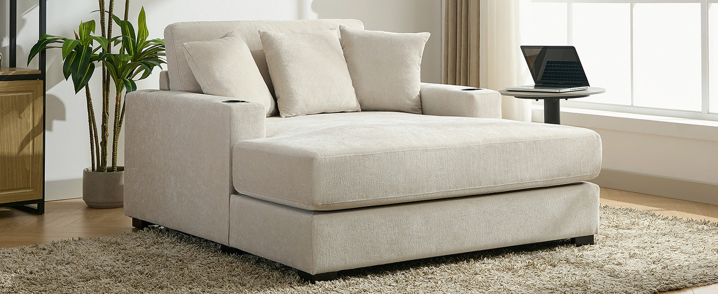 55" Oversized Chaise Lounger Modern Style Sofa Couch ,With Pillows, Charge Station & Cup Holders, Chenille Fabric, Cream Cream Chenille