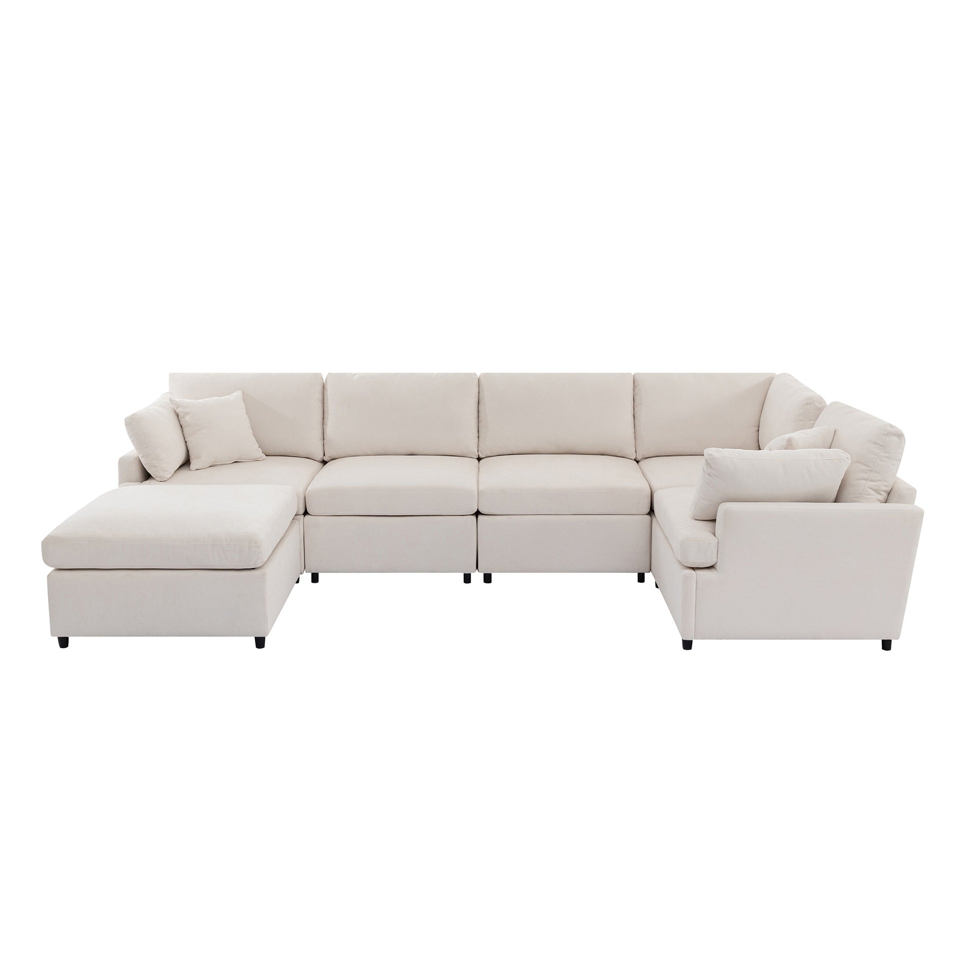 Modern Large U Shape Sectional Sofa, With Removable Ottomans For Living Room 6 Seater Beige Polyester 6 Seat