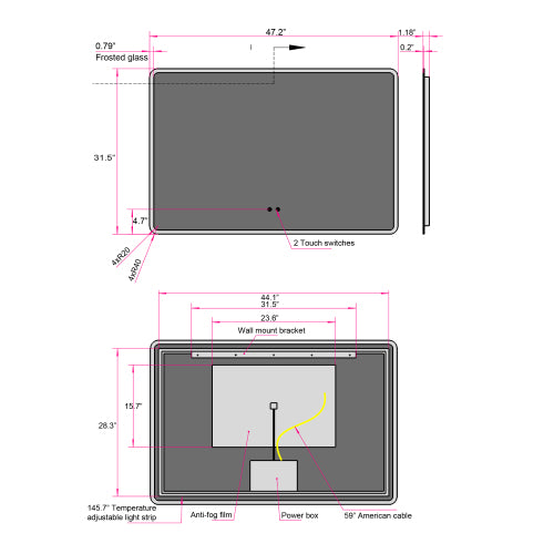 48" W X 32" H Modern Wall Mounted Led Backlit Anti Fog Rounded Rectangular Bathroom Mirror With Us Standard Plug, Temperature Adjustable And Memory Function Touch Switch White Glass