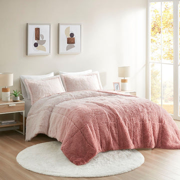 Ombre Shaggy Long Fur Comforter Mini Set Queen Blush Polyester