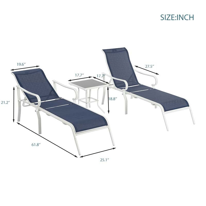 3 Pack Patio Lounge Chair, Outdoor Chaise Lounge With 5 Adjustable Backrest, Sturdy Steel Frame, Sunbathing Recliner, Beach Chair, Tanning Chair For Outside, Yard, Balcony, Pool Chairs,White Blue White Blue Garden & Outdoor Classic Iron