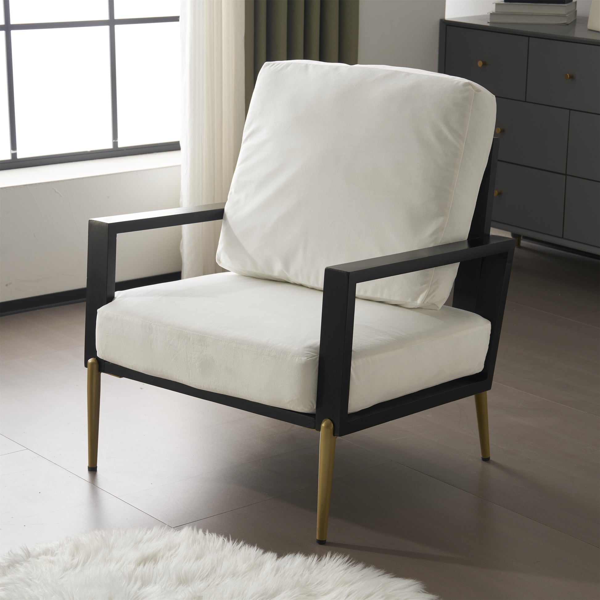 Modern Low Back White Upholstered Accent Armchair With Gold Metal Legs & Rubberwood Frame, Chic Wide Armrest Minimalist Lounge Chair With Pillow Back, Single Sofa Chair For Living Room&Balcony