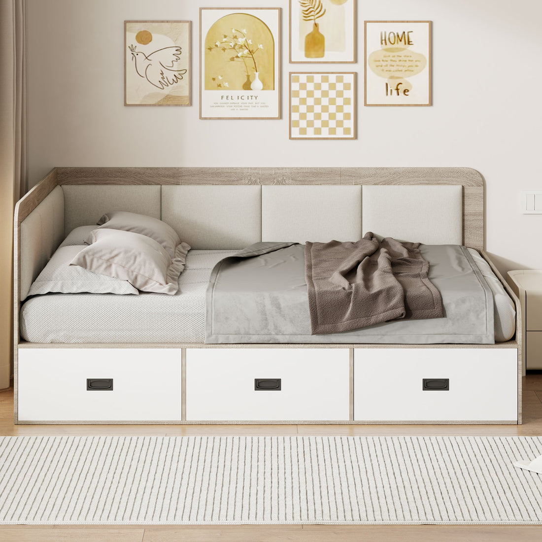 Full Size Daybed With Three Drawers And Three Storage Compartments, Nature Beige Full Beige Natural Mdf