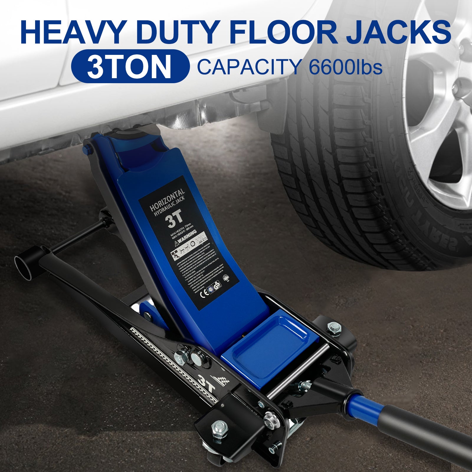 Floor Jack,3Ton 6600Lbs Low Profile Floor Jack,Dual Piston Quick Lift Pump,Lifting Range 75Mm 2.95" 500Mm 19.69",Blue Blue Steel