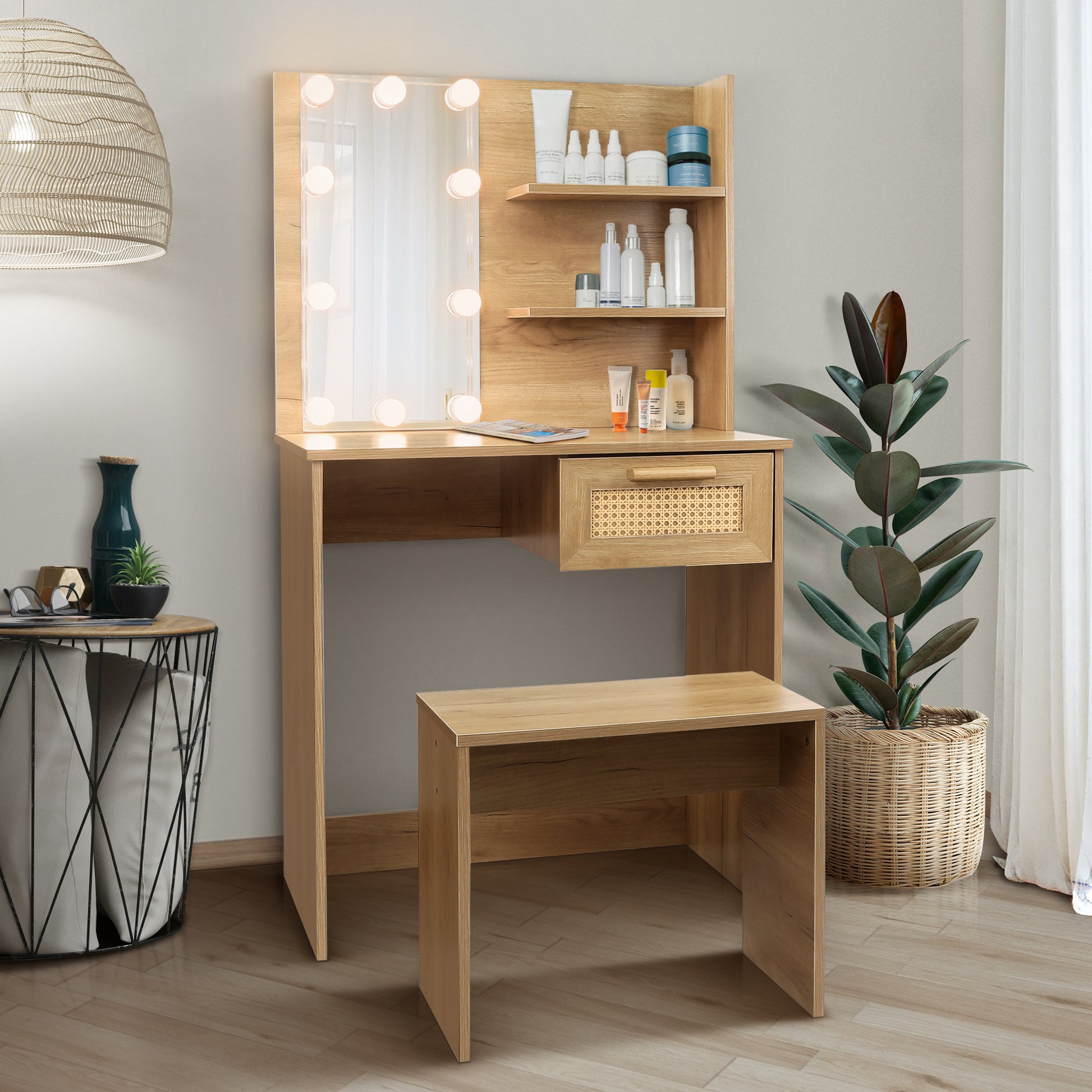 Vanity Desk Set Stool & Dressing Table With Led Lighting Mirror Drawer And Compartments Modern Wood Cosmetic Table Chest Of Drawers Nature Color Natural Wood Particle Board