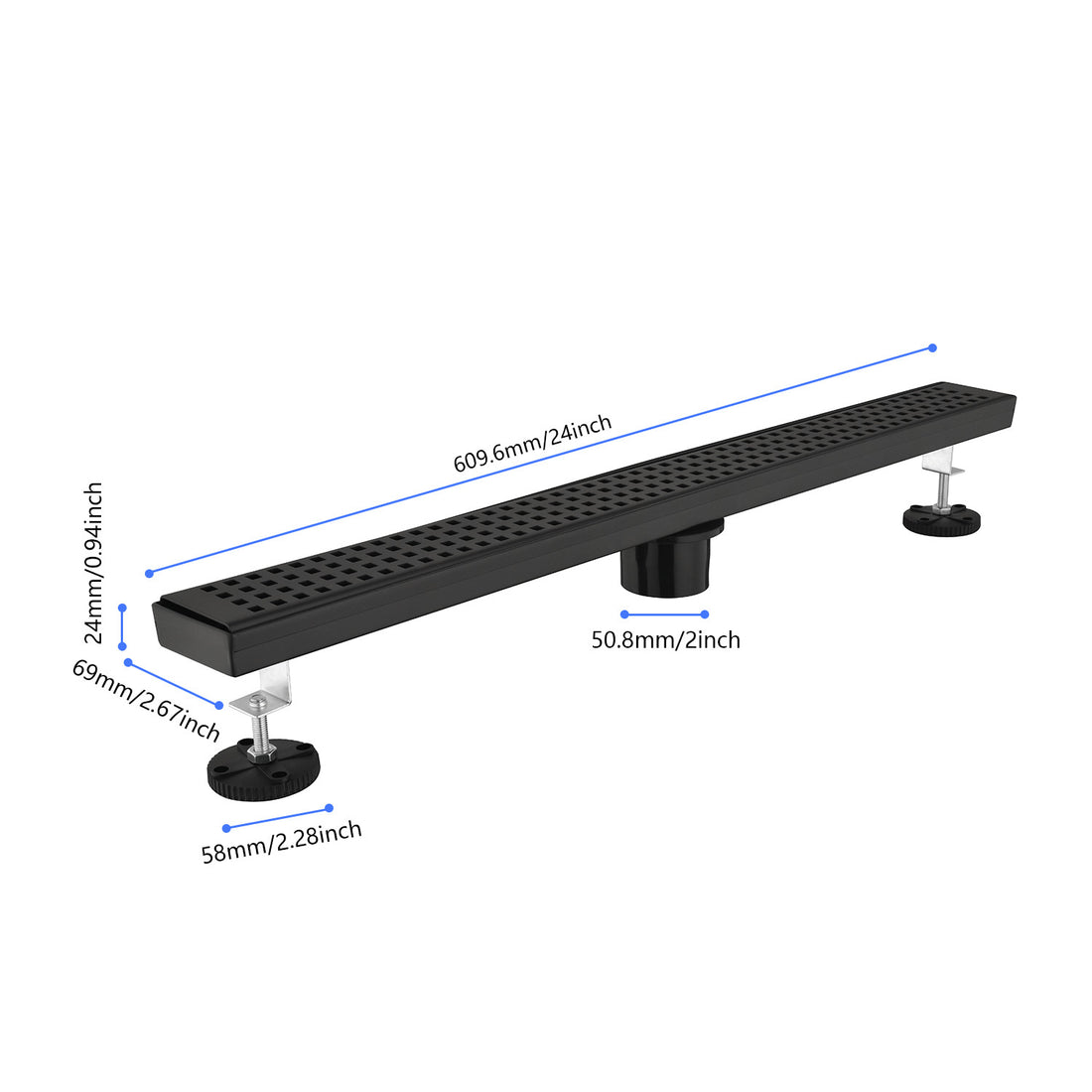 24 Inches Linear Shower Drain With Removable Quadrato Pattern Grate, 304 Stainless Shower Drain Included Hair Strainer And Leveling Feet Matte Black Stainless Steel