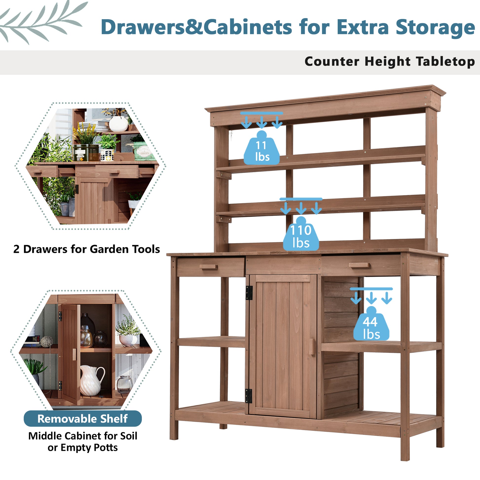 66" Large Outdoor Farmhouse Wooden Potting Bench Table, Garden Workstation With 2 Drawers, Cabinet And Open Shelves For Backyard, Mudroom, Brown Brown Garden & Outdoor Casual Wood Solid Wood