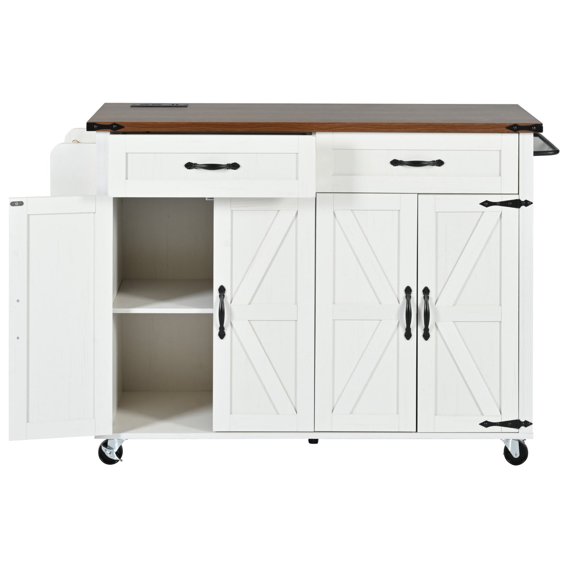 K&K 53.5''Farmhouse Kitchen Island With Power Outlet, Kitchen Storage Island With Drop Leaf, Spice Rack And Drawer, Rolling Kitchen Cart On Wheels, For Home, Kitchen And Dining Room, White White