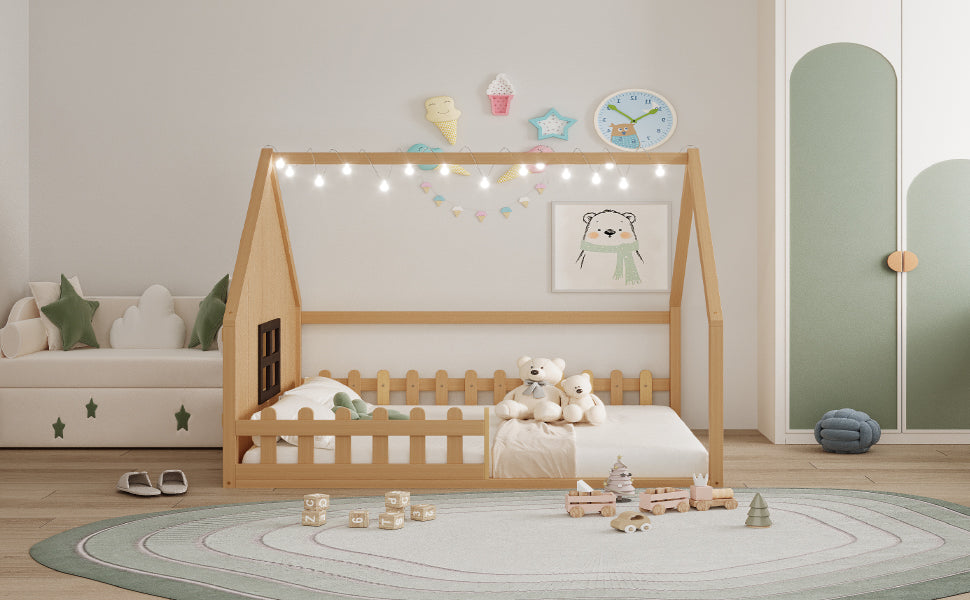 Full Size Wood House Bed With Window And Fence, Natural Old Sku: Wf304147Aa Box Spring Not Required Full Natural Wood Bedroom Pine Bed Frame Solid Wood Mdf