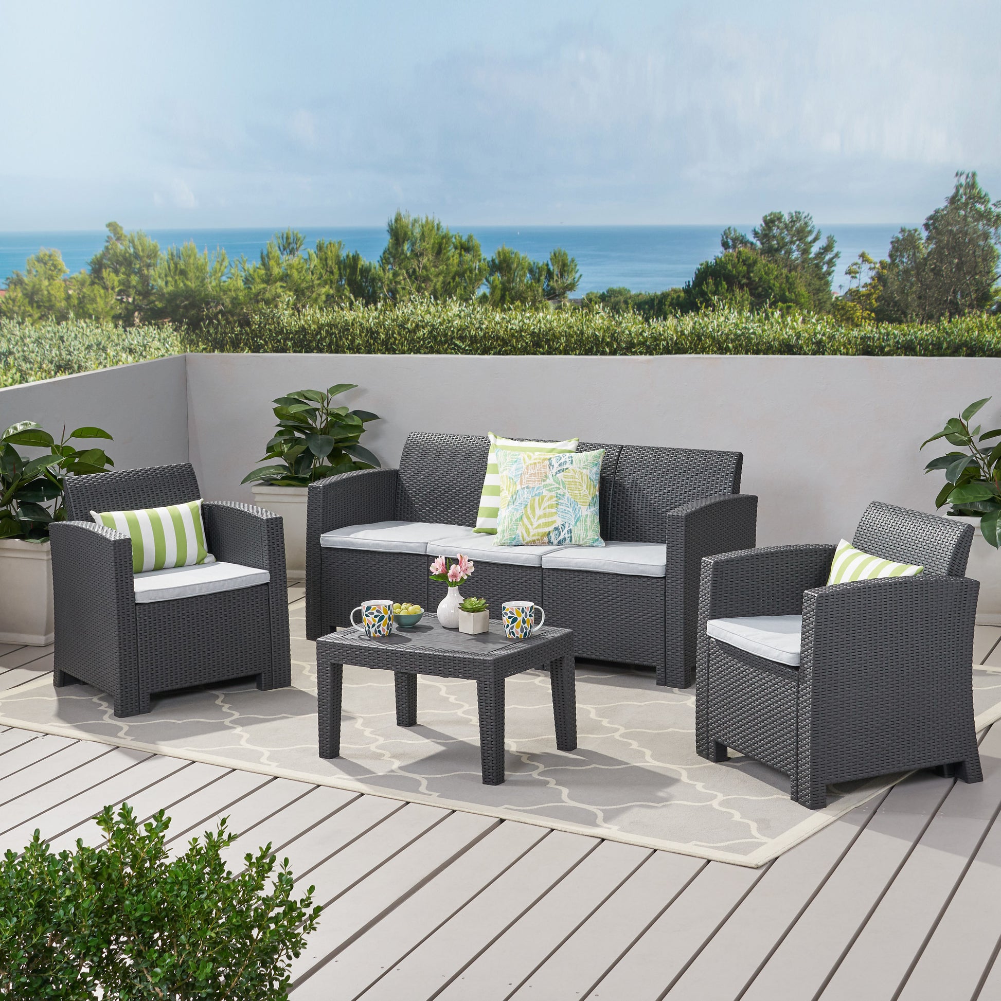 St. Johns 5 Seater Rattan Style Chat Set Grey Grey Fabric